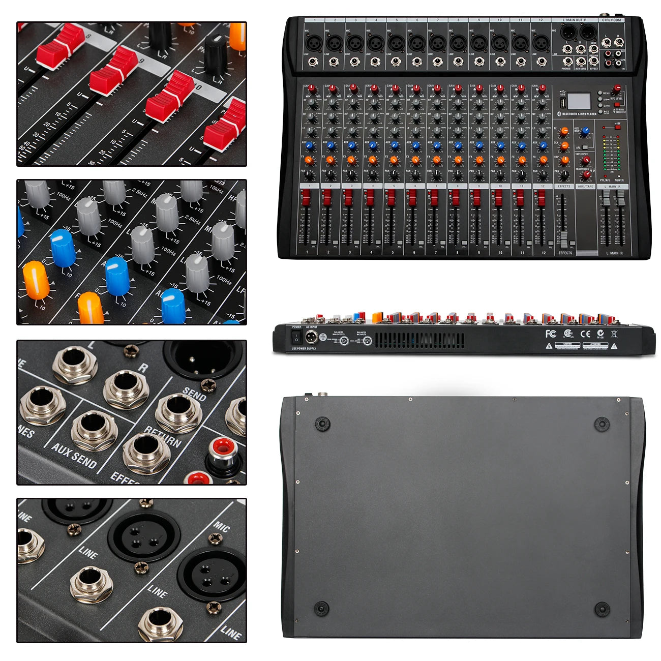Audio Mixer 6/8/12 Channels Professional DJ mixer LR microphone/line input, AUX,FX processor MP3, headphones, +48V Phantom