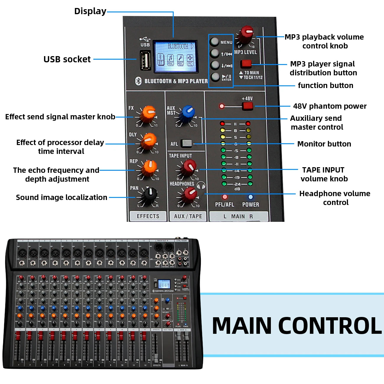 Audio Mixer 6/8/12 Channels Professional DJ mixer LR microphone/line input, AUX,FX processor MP3, headphones, +48V Phantom