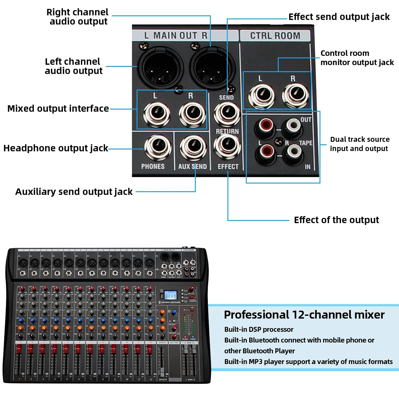 Audio Mixer 6/8/12 Channels Professional DJ mixer LR microphone/line input, AUX,FX processor MP3, headphones, +48V Phantom - RealmSelect