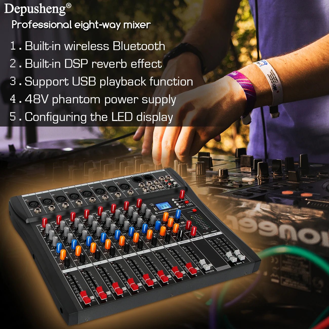 Audio Mixer 6/8/12 Channels Professional DJ mixer LR microphone/line input, AUX,FX processor MP3, headphones, +48V Phantom - RealmSelect