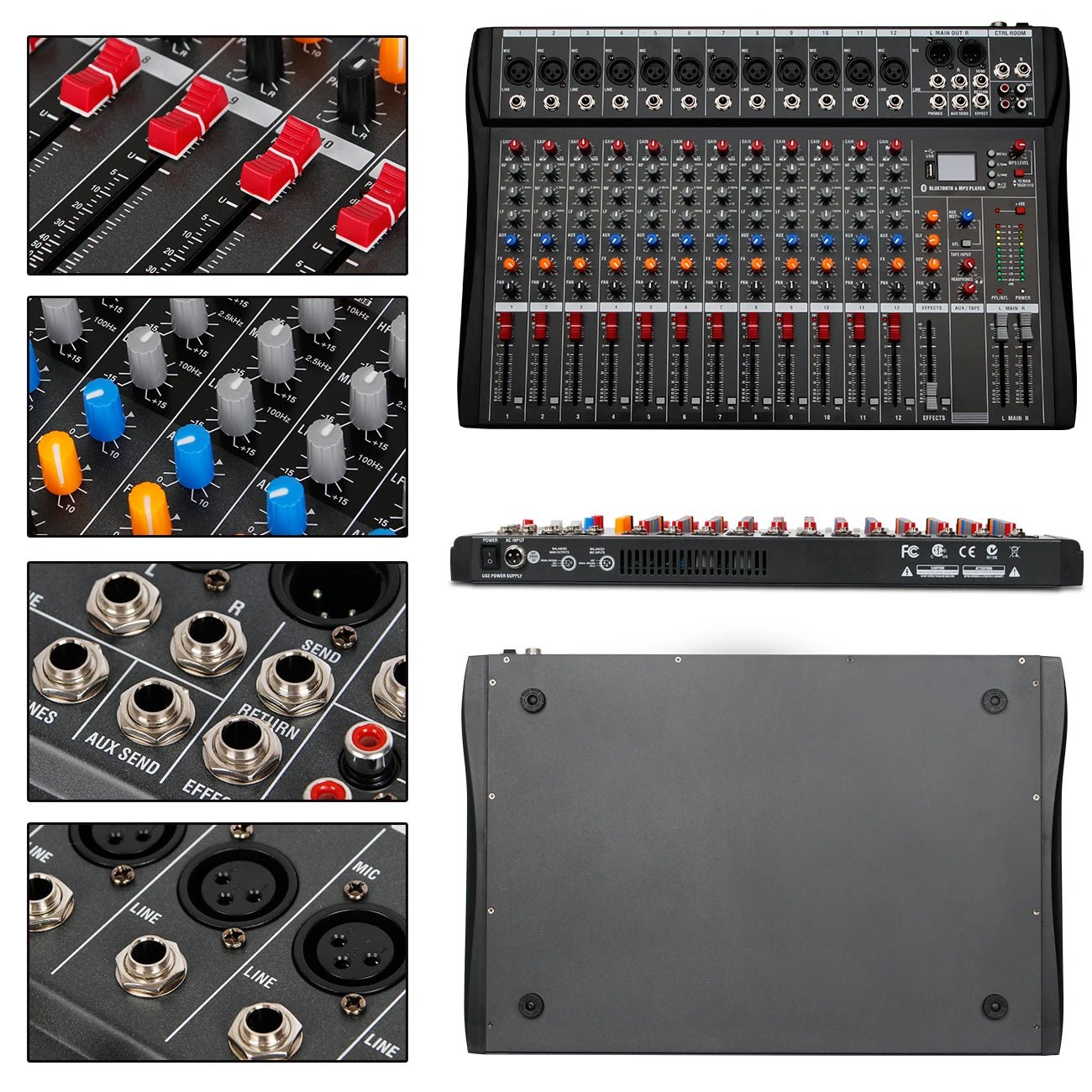 Audio Mixer 6/8/12 Channels Professional DJ mixer LR microphone/line input, AUX,FX processor MP3, headphones, +48V Phantom - RealmSelect