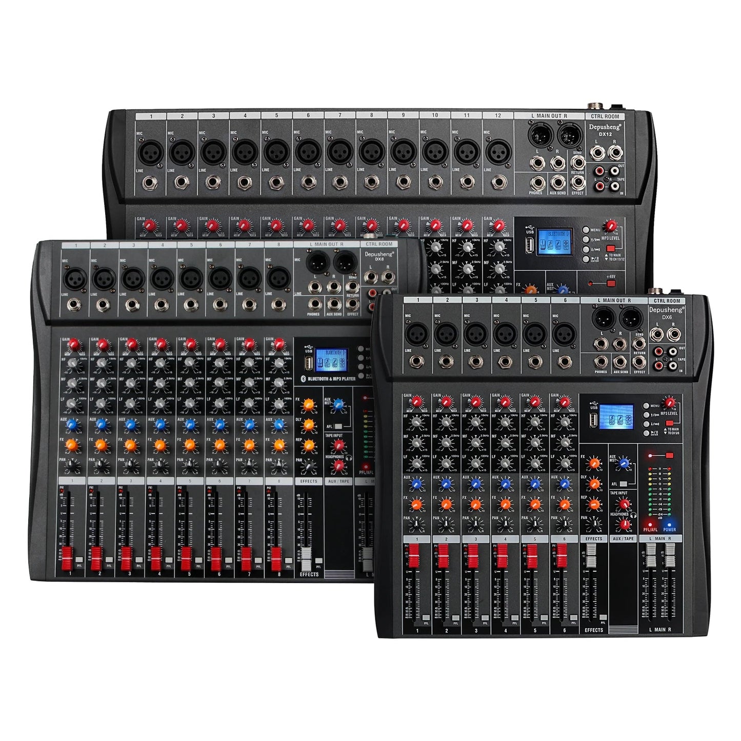 Audio Mixer 6/8/12 Channels Professional DJ mixer LR microphone/line input, AUX,FX processor MP3, headphones, +48V Phantom - RealmSelect