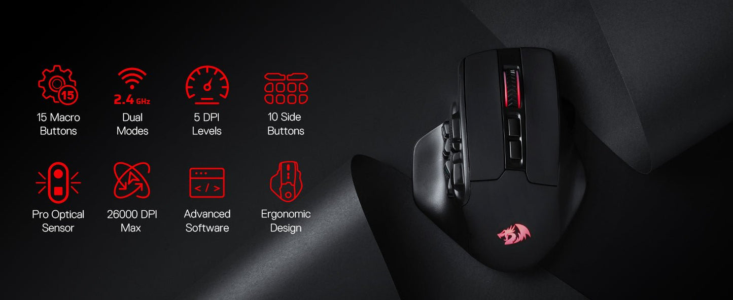 Redragon M811 PRO Wireless MMO Gaming Mouse, 15 Programmable Buttons RGB Gamer Mouse, 10 Side Macro Keys - RealmSelect