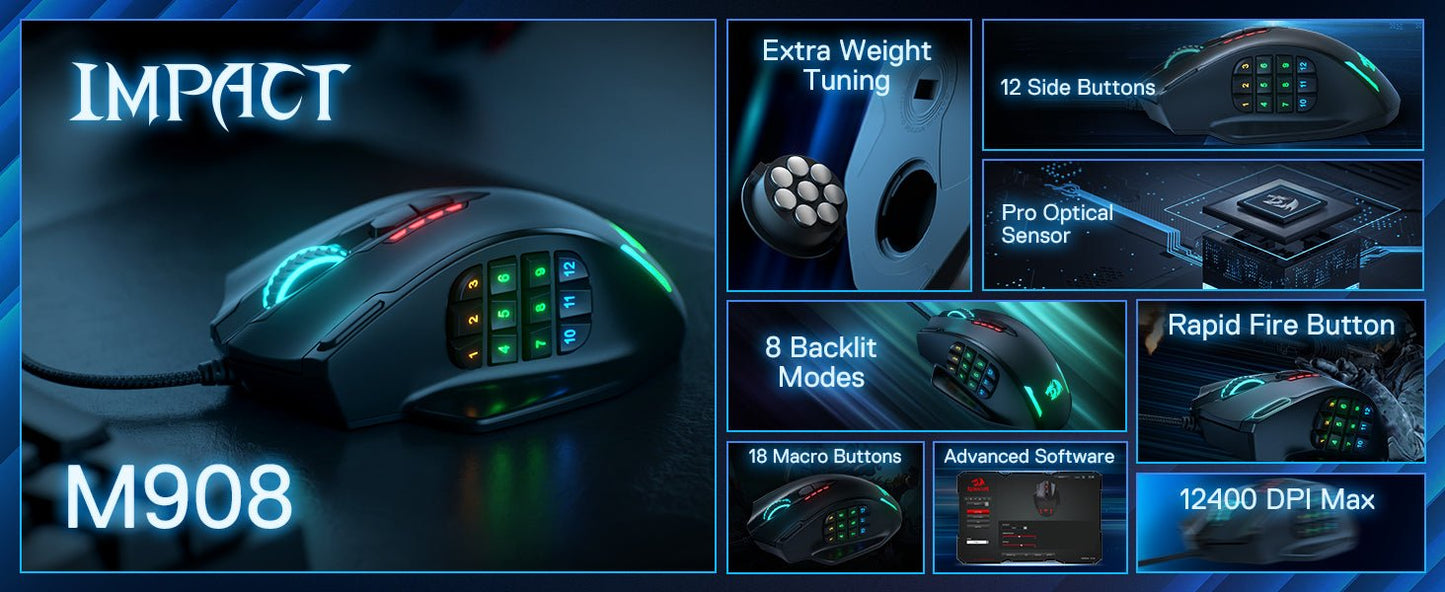 Redragon M908 RGB Backlight LED USB Wired Gaming Mouse 18 Programmable Mouse Buttons 12400 DPI - RealmSelect