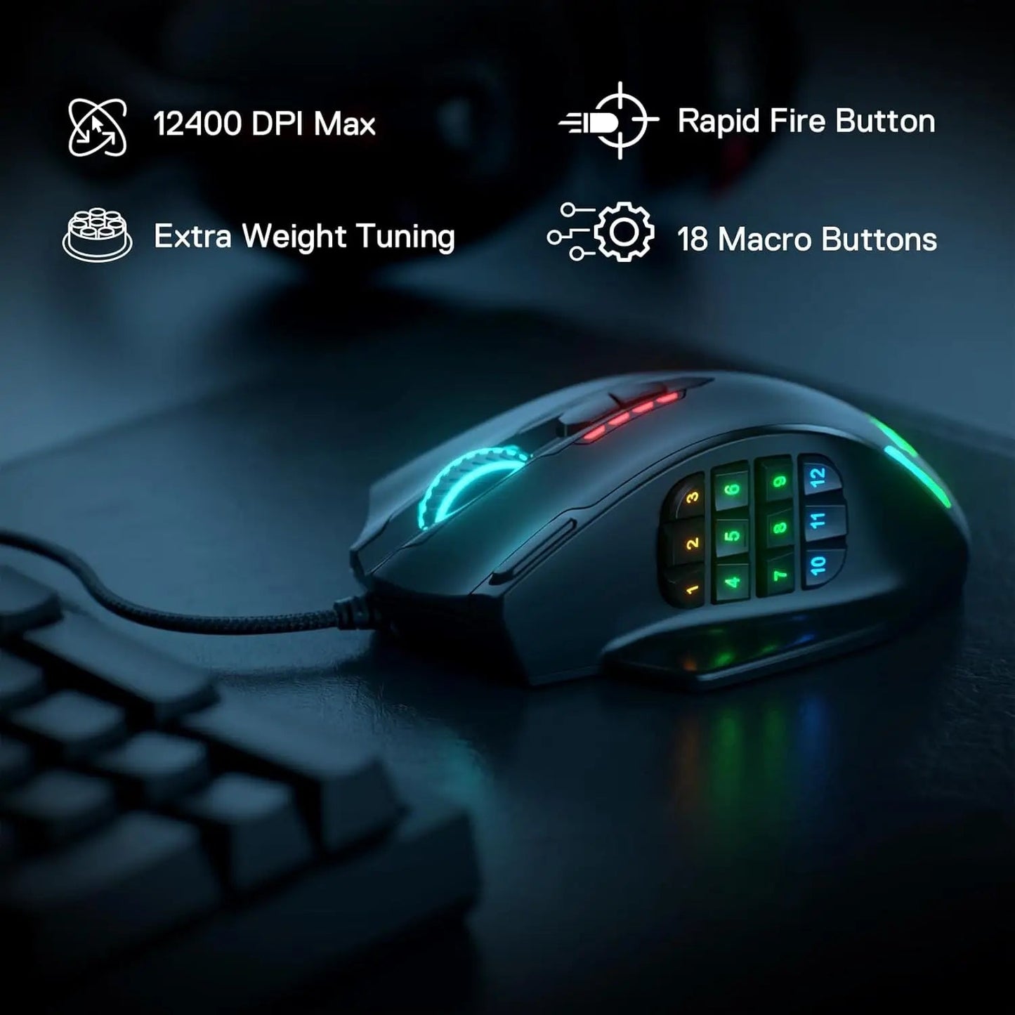 Redragon M908 RGB Backlight LED USB Wired Gaming Mouse 18 Programmable Mouse Buttons 12400 DPI - RealmSelect