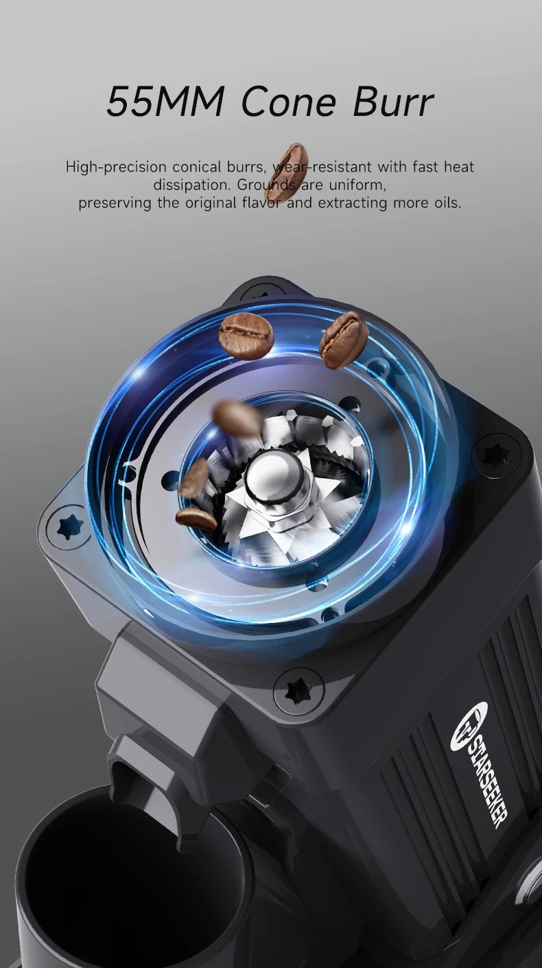 STARSEEKER E55 Electric Coffee Grinder 55MM Espresso Cone burr Stepless Fineness Adjustment Cold Brew Bean Grinder Black Sliver - RealmSelect