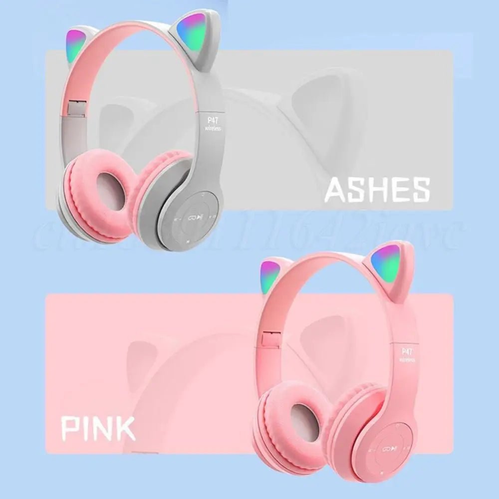 Wireless Headphones Cat Ear Gaming Headset Glow Light Bluetooth - Compatible Helmets Cute Over - Ear Headsets for Kids and Adult - RealmSelect