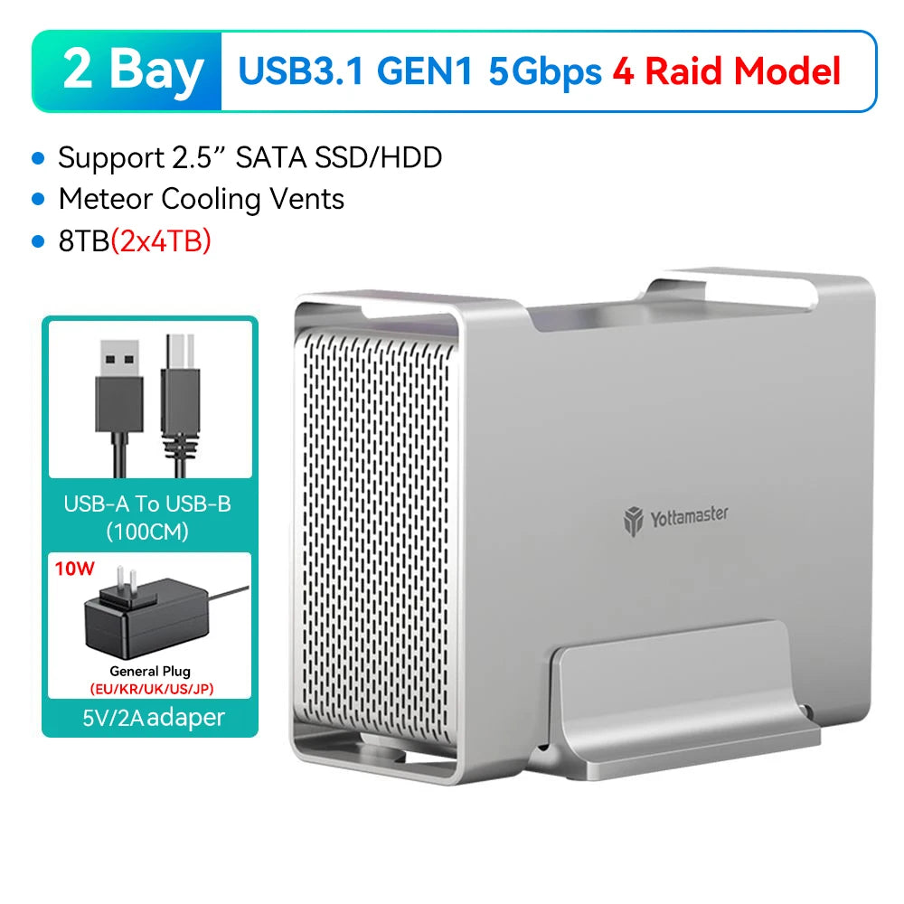 【Local Warehouse】Yottamaster 2 Bay Aluminum Alloy RAID USB3.1 10Gbps Hard Drive Enclosure 2.5" 3.5" SATA SSD/HDD External Case