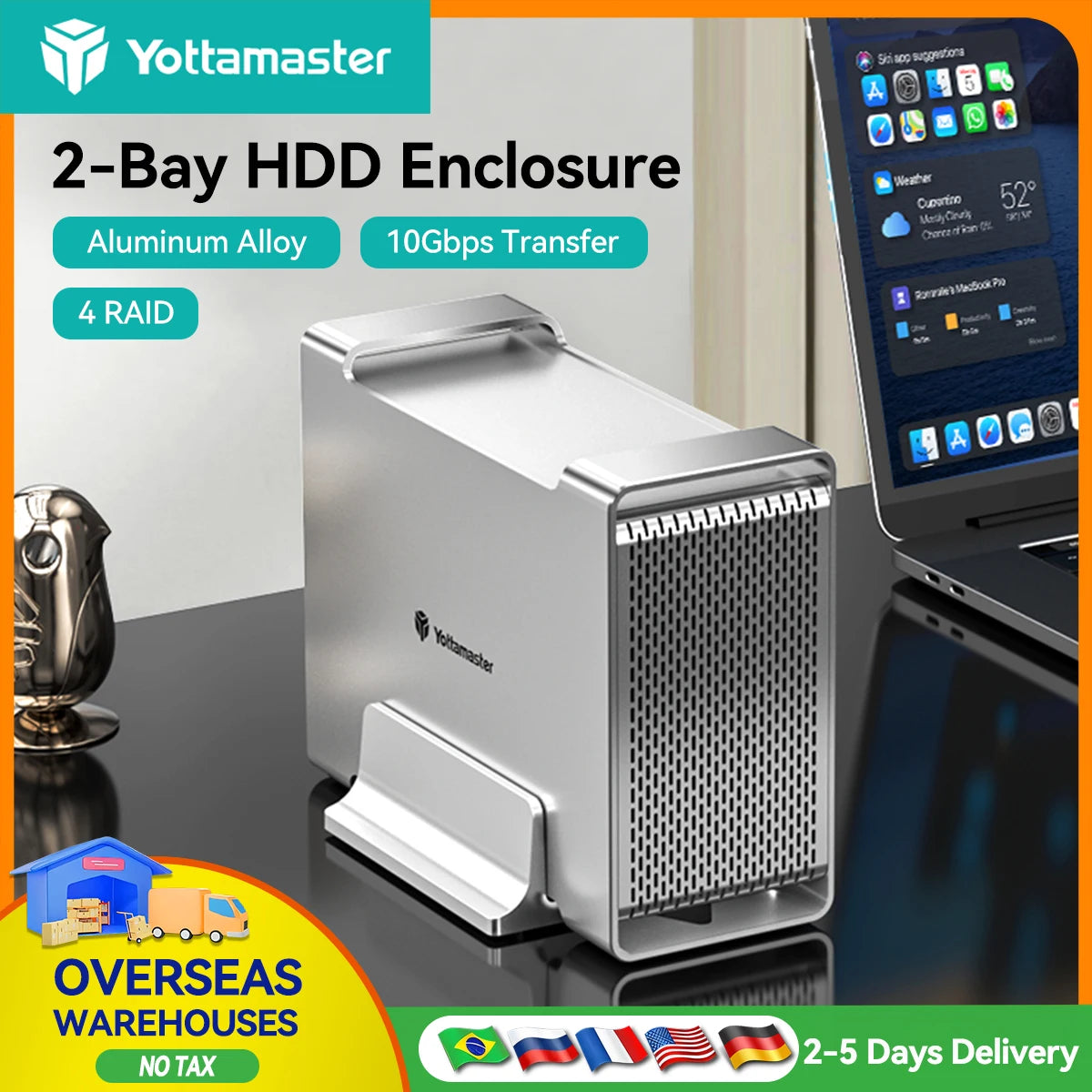 【Local Warehouse】Yottamaster 2 Bay Aluminum Alloy RAID USB3.1 10Gbps Hard Drive Enclosure 2.5" 3.5" SATA SSD/HDD External Case