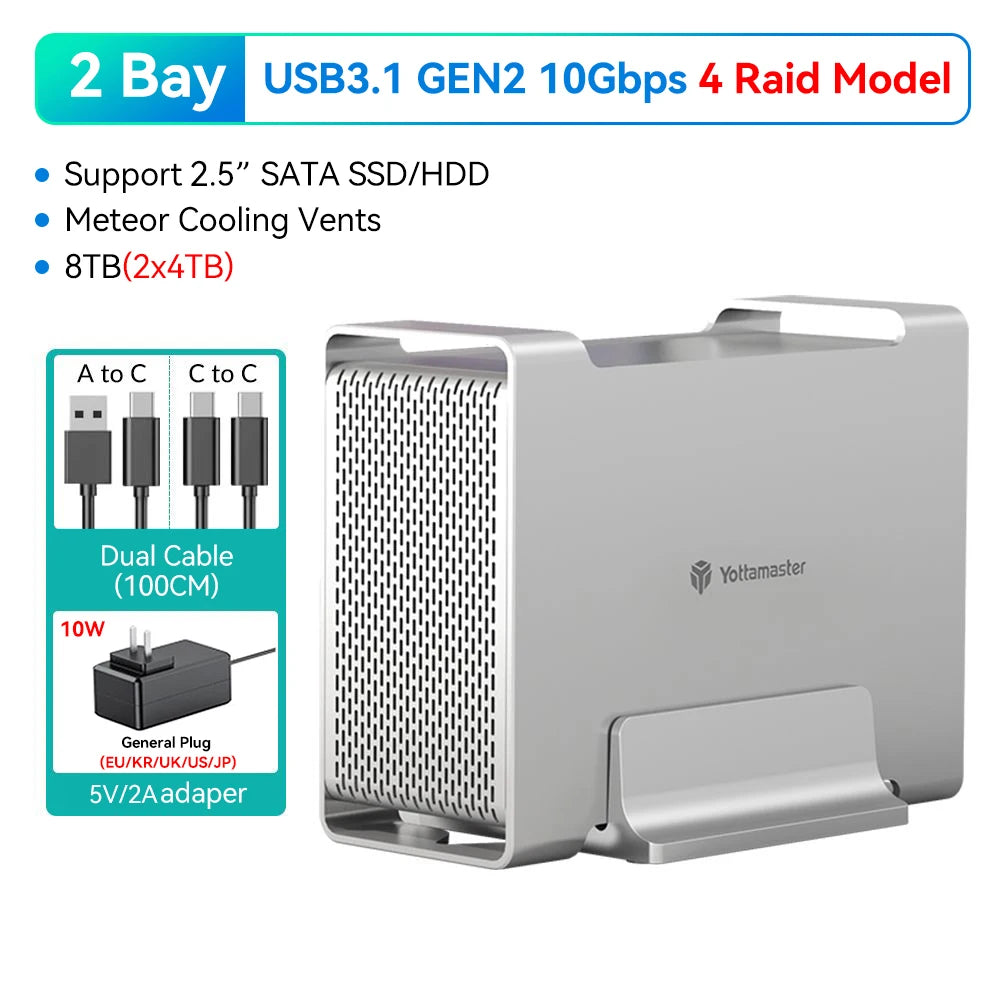 【Local Warehouse】Yottamaster 2 Bay Aluminum Alloy RAID USB3.1 10Gbps Hard Drive Enclosure 2.5" 3.5" SATA SSD/HDD External Case