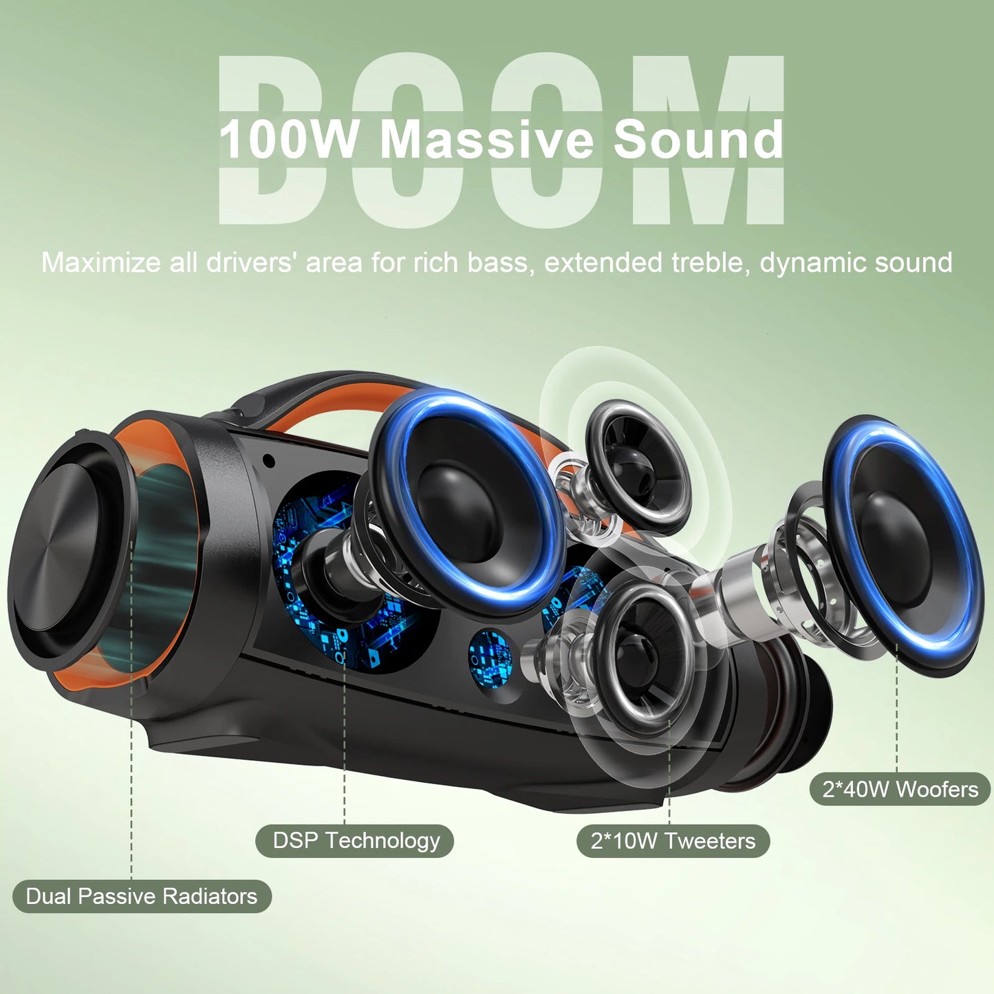 DOSS 100W Portable Speaker Bluetooth 5.3 Powerful Stereo Sound Bass Subwoofer Sound Box Outdoor IPX6 Waterproof Wireless Speaker