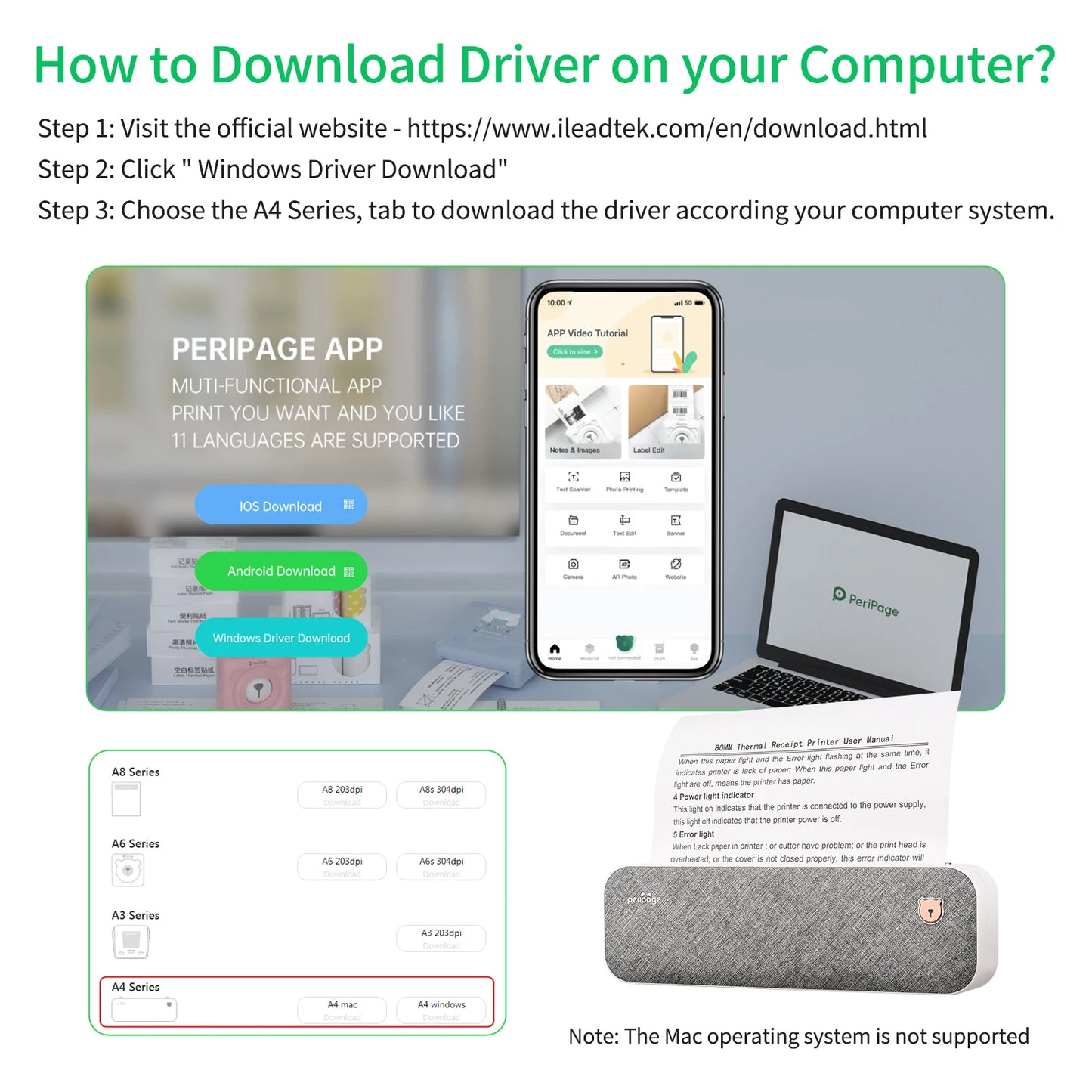 PeriPage A40 A4 Printer Wirless Printer USB Android BT Printing PDF File Webpage Contract Picture with 10 Rolls Thermal Paper