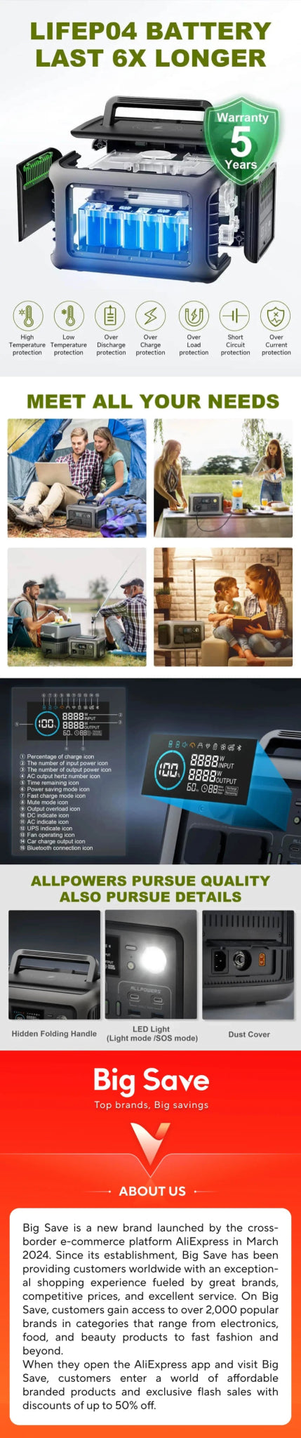 ALLPOWERS Portable Power Station R600, 299Wh LiFeP04 Battery with 2x 600W (1200W Surge) AC Outlets for Outdoor Camping RV Home - RealmSelect