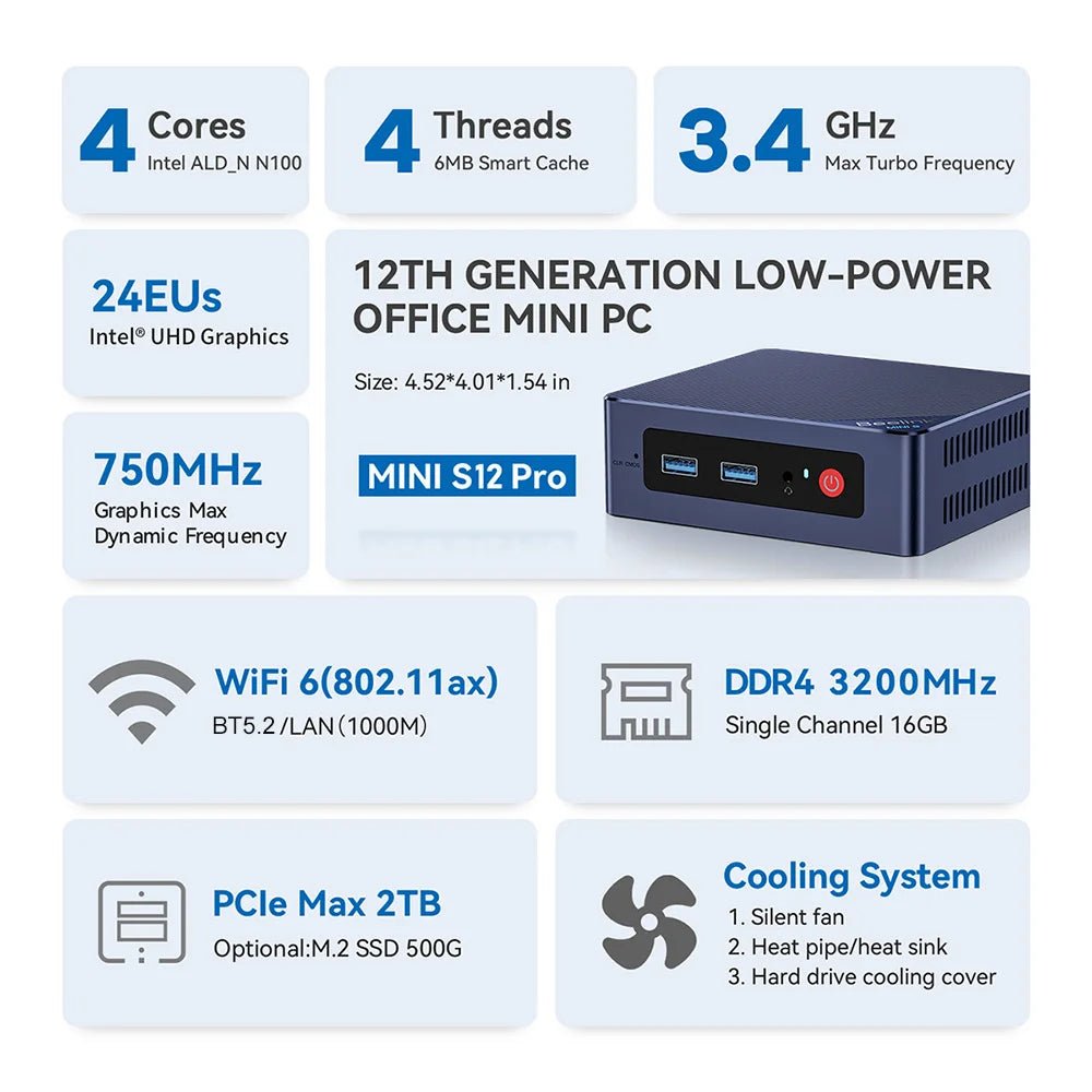 Beelink Mini PC N100 S12 Pro Twin Lake N150 S13 16G500G Mini S Intel N5095 8GB 128GB SSD Desktop Office Computer N95 VS GK3V - RealmSelect