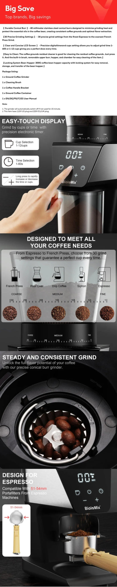 BioloMix Automatic Burr Mill Electric Coffee Grinder with 30 Gears for Espresso American Coffee Pour Over Visual Bean Storage - RealmSelect