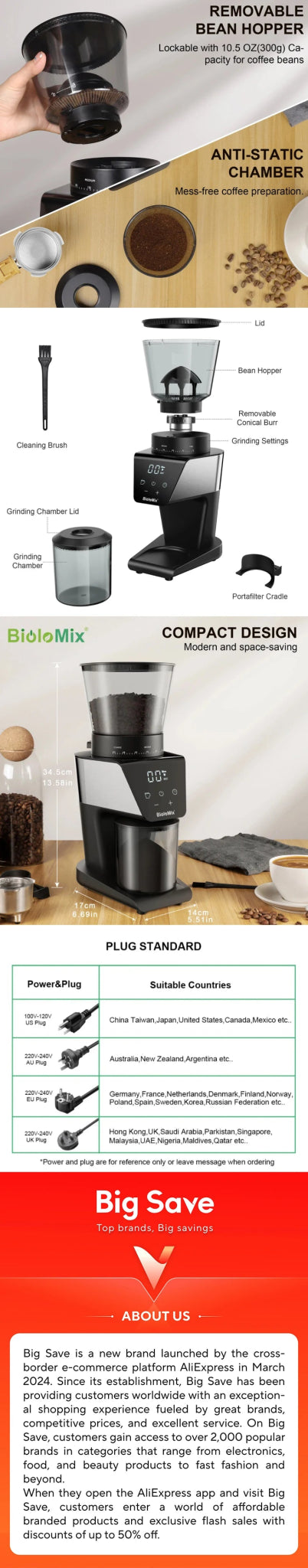 BioloMix Automatic Burr Mill Electric Coffee Grinder with 30 Gears for Espresso American Coffee Pour Over Visual Bean Storage - RealmSelect