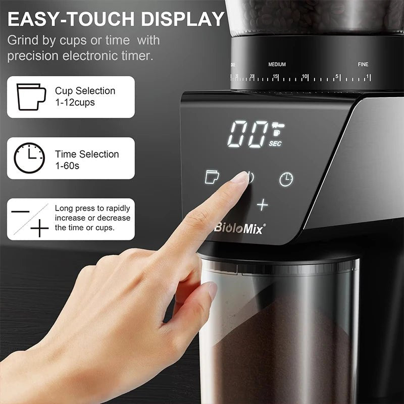 BioloMix Automatic Burr Mill Electric Coffee Grinder with 30 Gears for Espresso American Coffee Pour Over Visual Bean Storage - RealmSelect