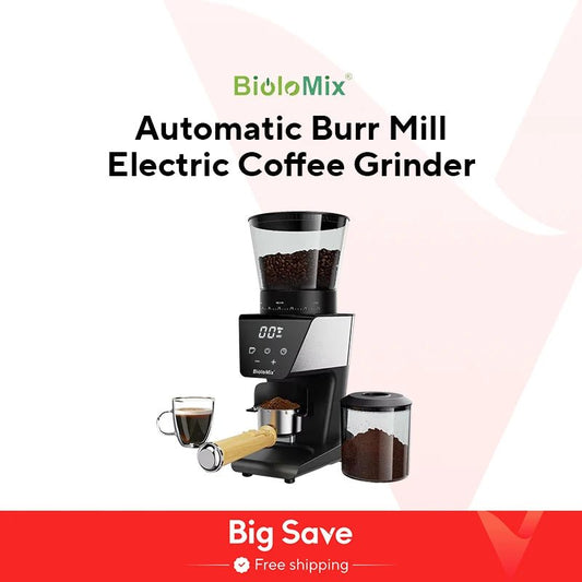 BioloMix Automatic Burr Mill Electric Coffee Grinder with 30 Gears for Espresso American Coffee Pour Over Visual Bean Storage - RealmSelect