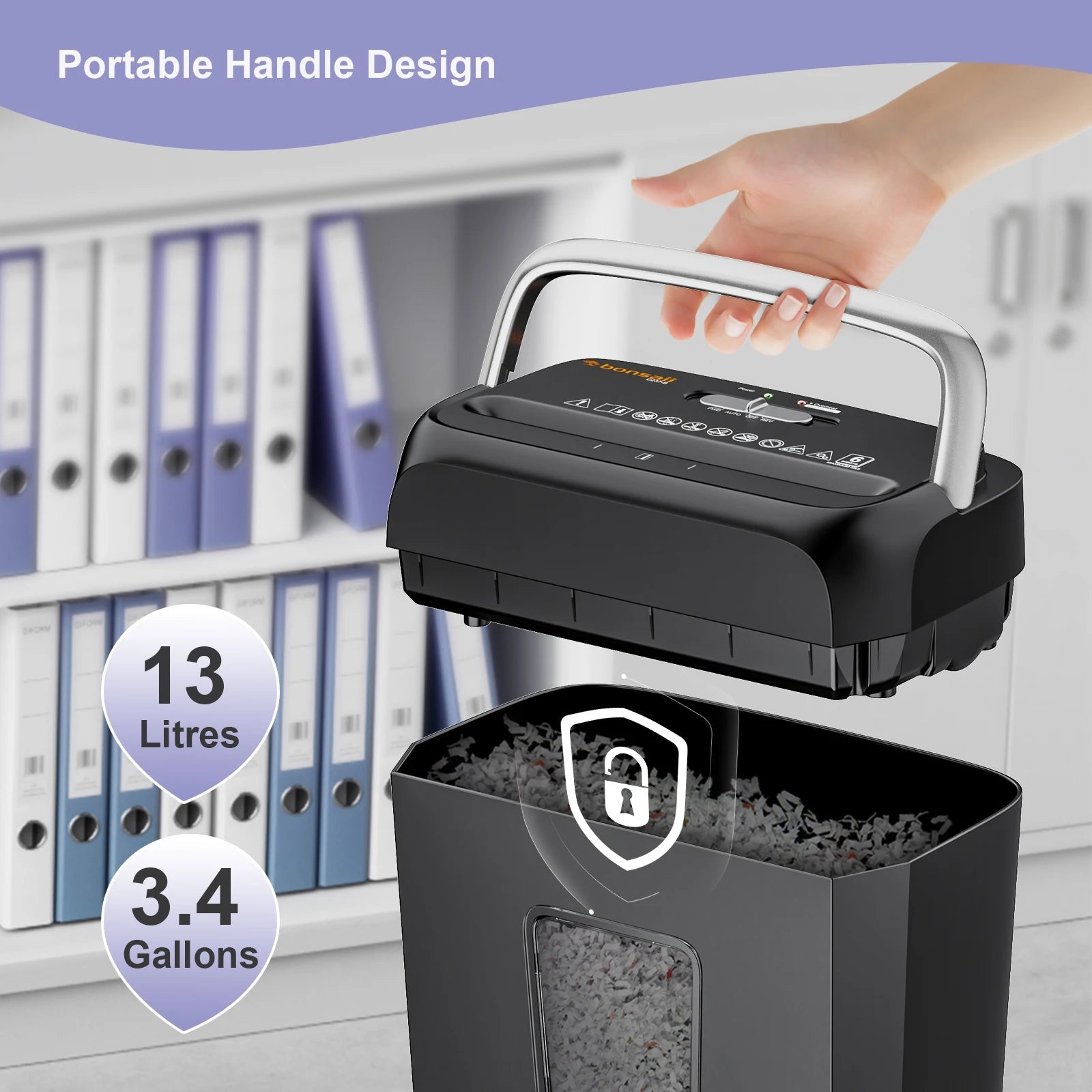Bonsaii 6 - Sheet Cross Cut Paper Shredder Home Office Use with Handle for Document,Mail,Staple,Clip - 3.4 Gal Wastebasket - RealmSelect