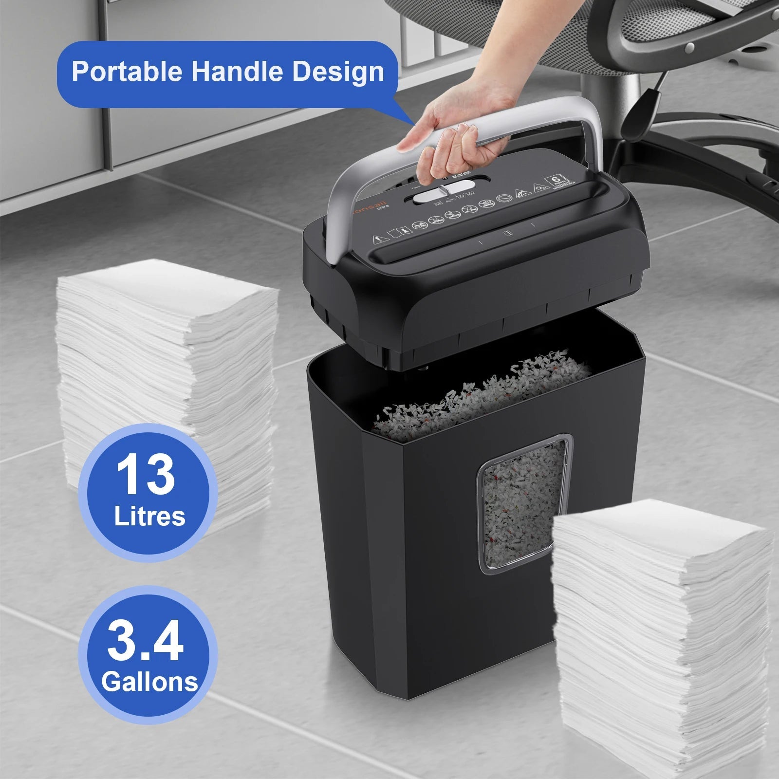 Bonsaii 6 - Sheet Cross Cut Paper Shredder Home Office Use with Handle for Document,Mail,Staple,Clip - 3.4 Gal Wastebasket - RealmSelect