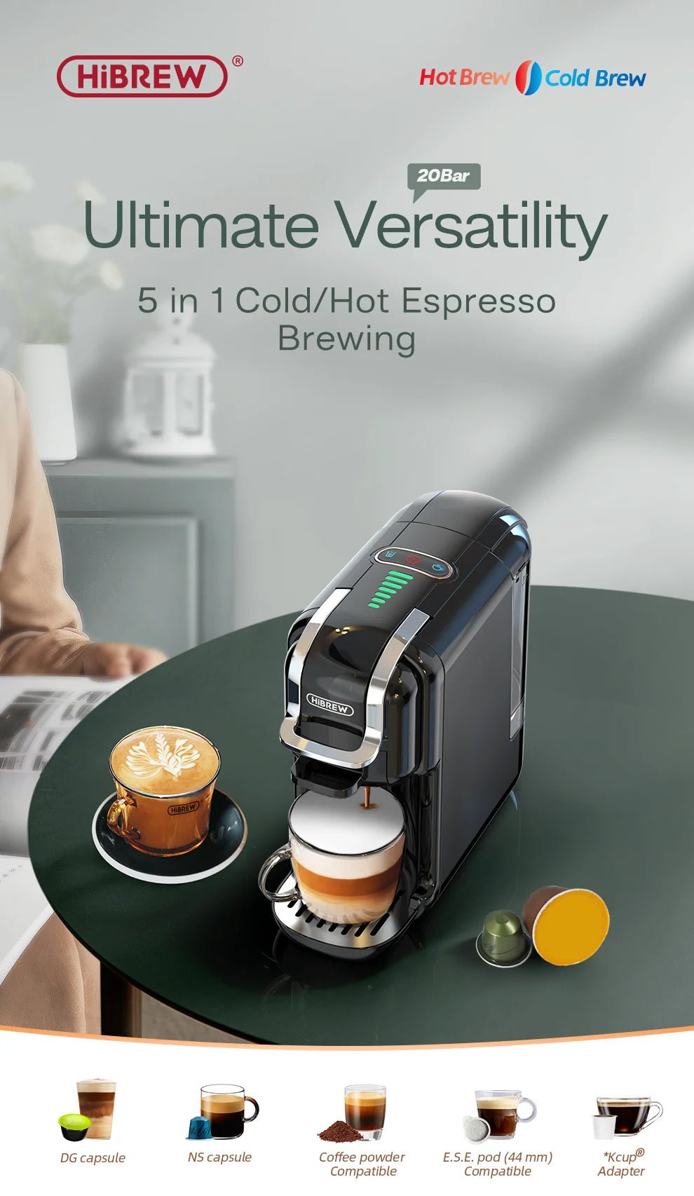 HiBREW Multiple Capsule Coffee Machine, Hot/Cold Dolce Gusto Milk Nespresso Capsule ESE Pod Ground Coffee Cafeteria 20Bar 5 in 1 - RealmSelect