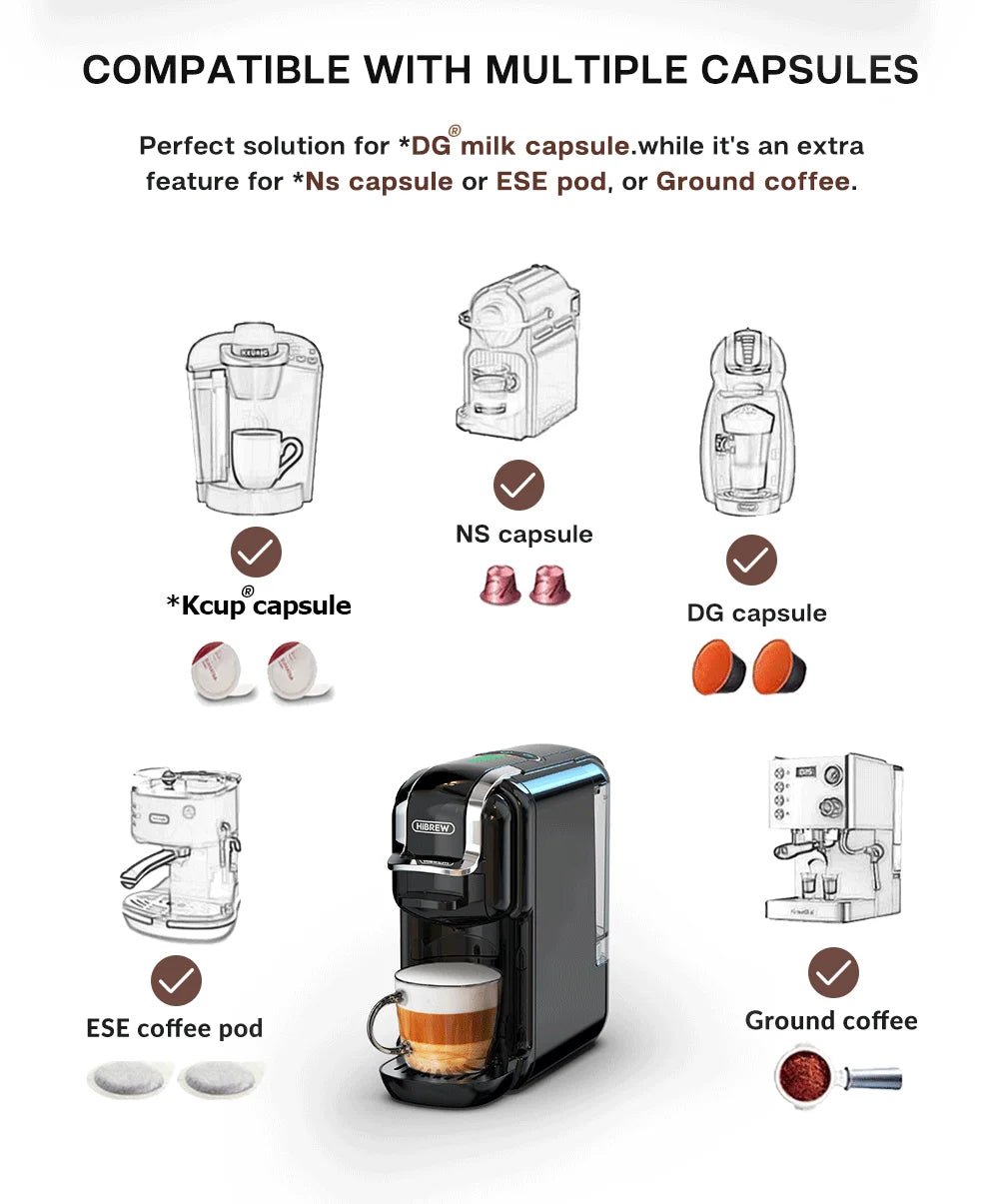 HiBREW Multiple Capsule Coffee Machine, Hot/Cold Dolce Gusto Milk Nespresso Capsule ESE Pod Ground Coffee Cafeteria 20Bar 5 in 1 - RealmSelect