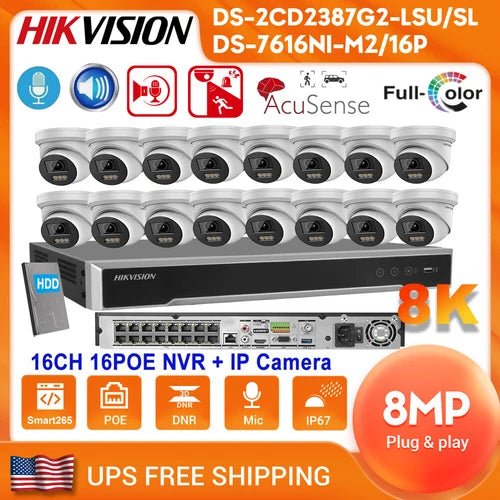Hikvision 8K 16CH 16POE NVR 8MP Colorvu IP Camera 2 - Way Talk Audio Alarm Lot US - RealmSelect