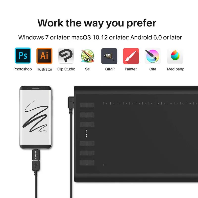 HUION Inspiroy H1060P Graphics Drawing Tablet with 8192 Pressure Sensitivity Battery - Free Stylus and 12 Customized Hot Keys, 10 - RealmSelect