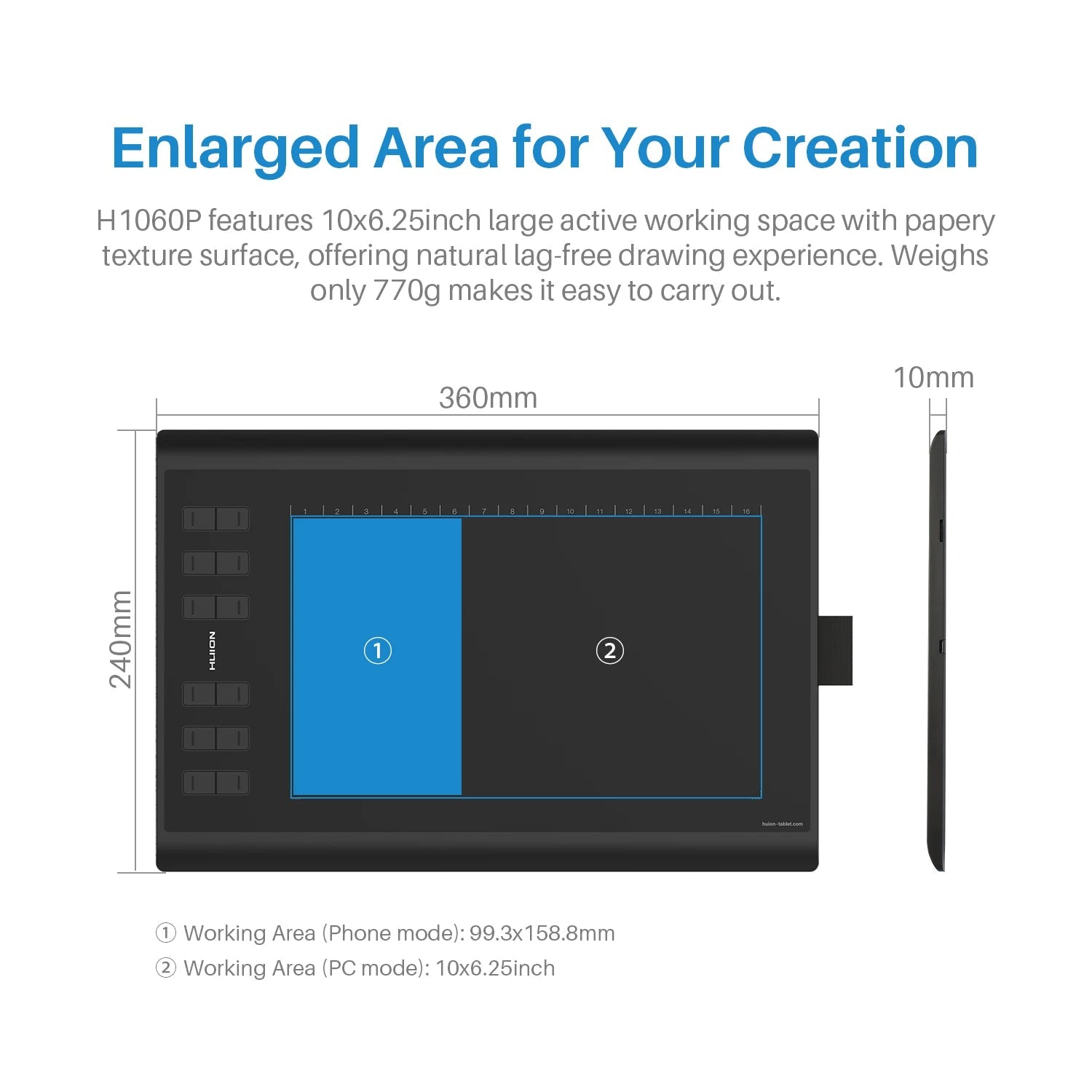 HUION Inspiroy H1060P Graphics Drawing Tablet with 8192 Pressure Sensitivity Battery - Free Stylus and 12 Customized Hot Keys, 10 - RealmSelect
