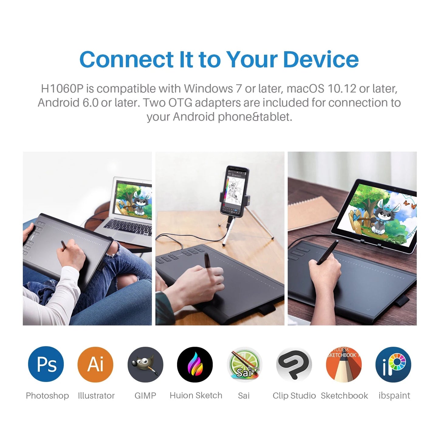 HUION Inspiroy H1060P Graphics Drawing Tablet with 8192 Pressure Sensitivity Battery - Free Stylus and 12 Customized Hot Keys, 10 - RealmSelect