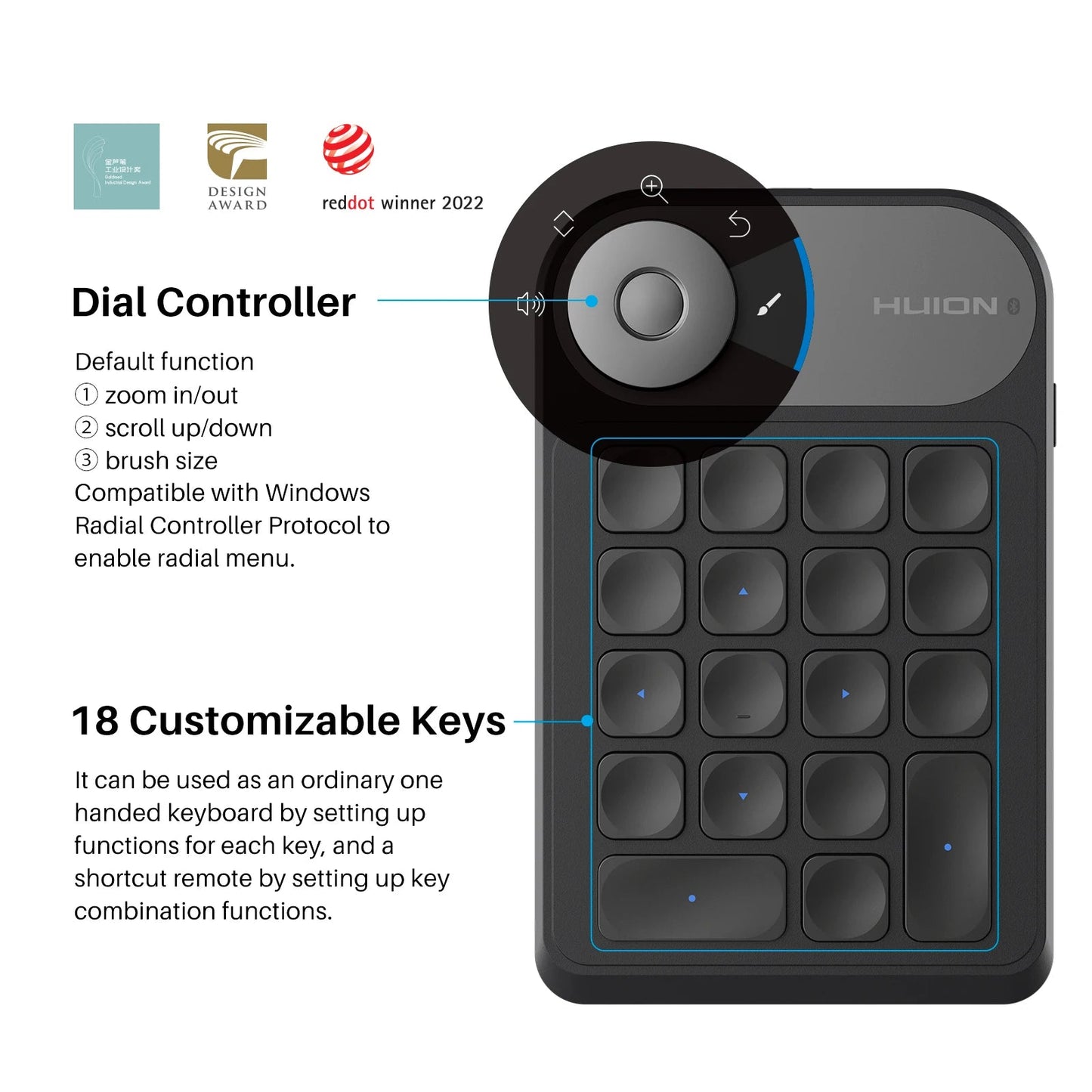 Huion K20 Keydial mini Keyboard for Drawing Tablet, PC and Phone,18 Keys Keyboard + Dial Controller,Upgraded version - RealmSelect
