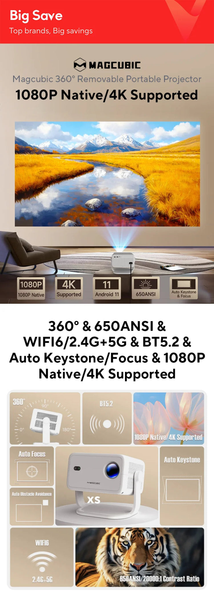 Magcubic Native 1080P 650ANSI 4K Android 11 L018 360° Projector With Auto Keystone Focus Air Mouse Wifi6 BT5.2 Portable Outdoor - RealmSelect