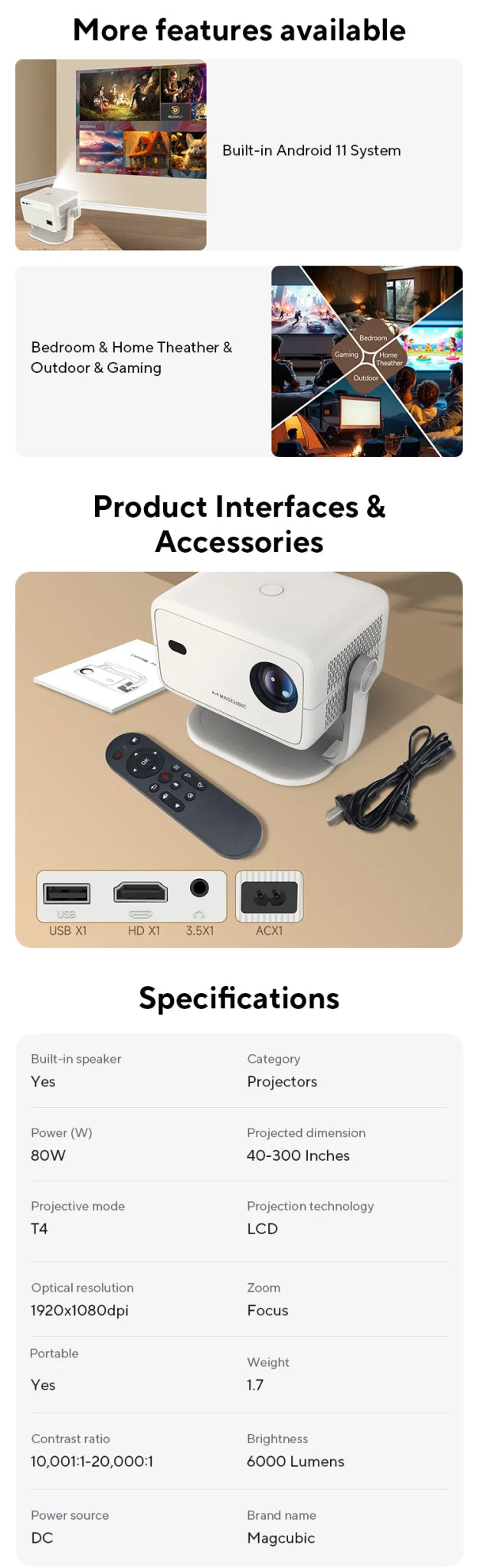 Magcubic Native 1080P 650ANSI 4K Android 11 L018 360° Projector With Auto Keystone Focus Air Mouse Wifi6 BT5.2 Portable Outdoor - RealmSelect