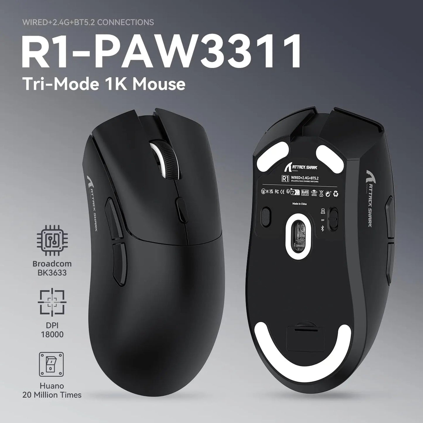 MAMBASNAKE x ATTACK SHARK R1 59g SUPERLIGHT Mouse, PixArt PAW3311 Gaming Sensor, BT/2.4G Wireless/Wired Gaming Mouse - RealmSelect