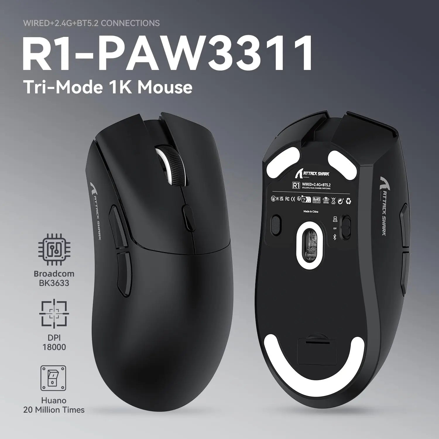 MAMBASNAKE x ATTACK SHARK R1 59g SUPERLIGHT Mouse, PixArt PAW3311 Gaming Sensor, BT/2.4G Wireless/Wired Gaming Mouse - RealmSelect