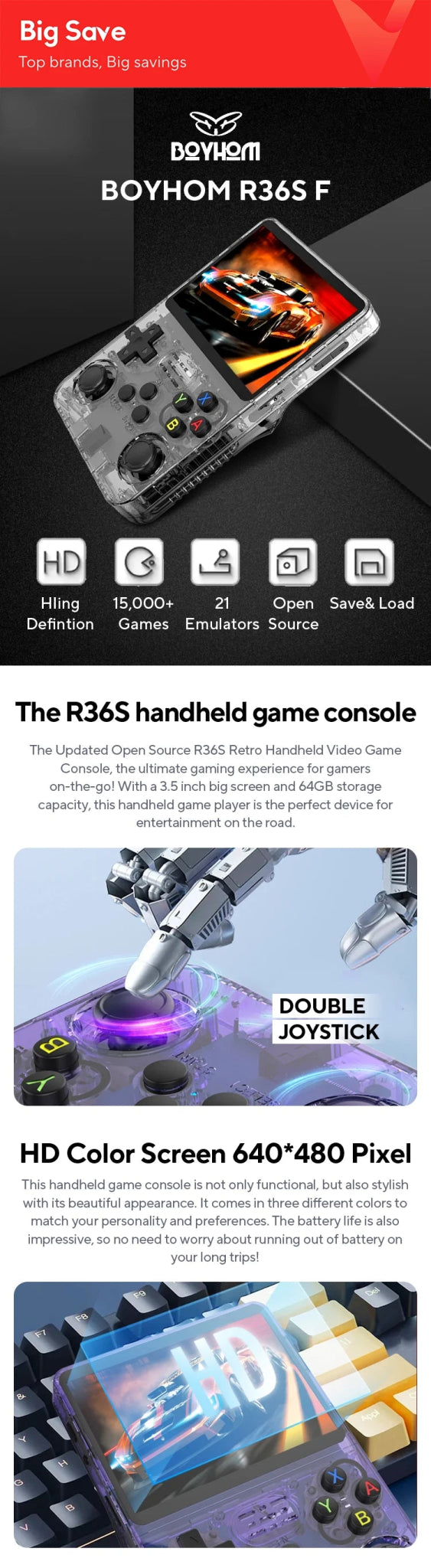 Open Source R36S Retro Handheld Video Game Console Linux System 3.5 Inch IPS Screen Portable Pocket Video Player R35S 64GB Games - RealmSelect