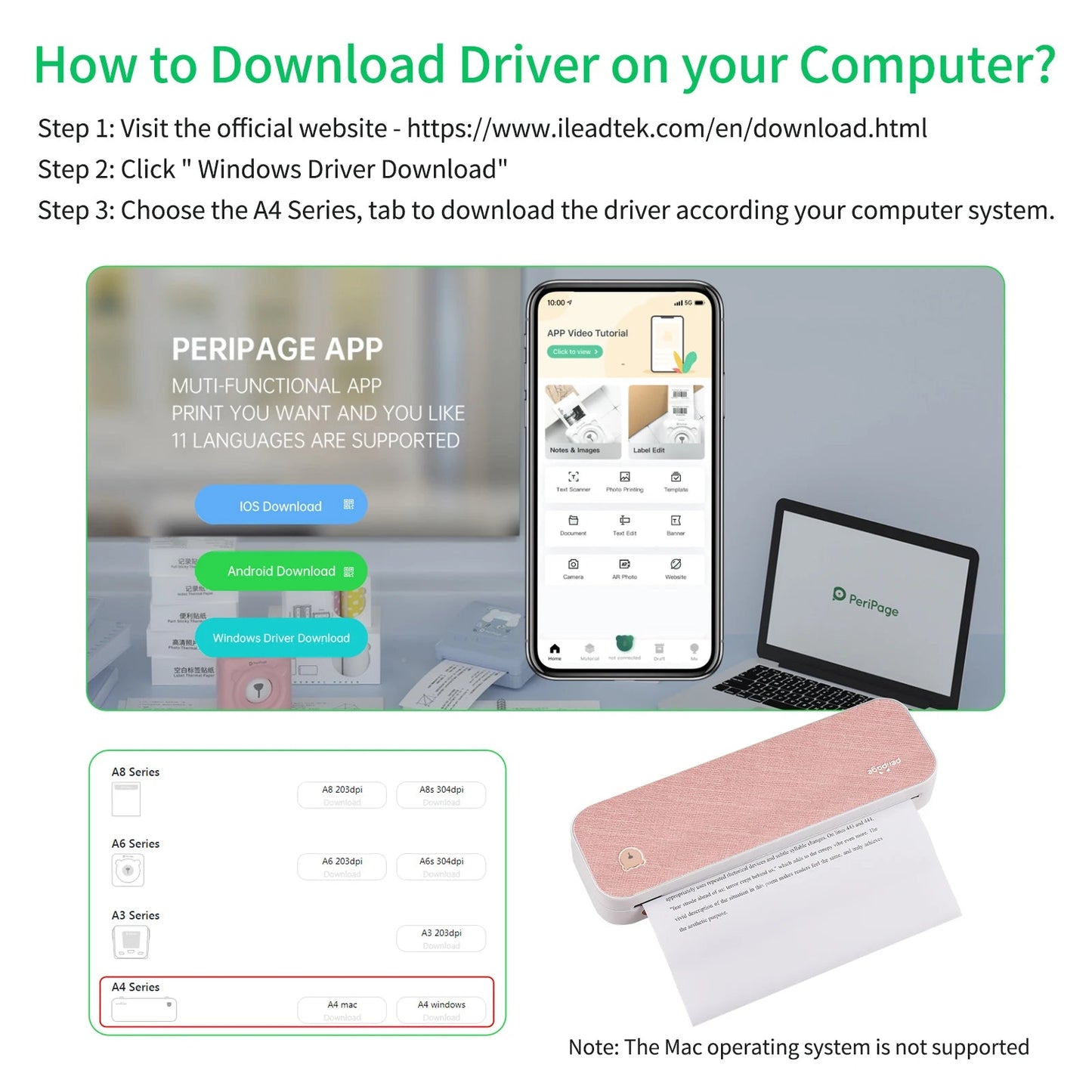 PeriPage A40 A4 Printer Wirless Printer USB Android BT Printing PDF File Webpage Contract Picture with 10 Rolls Thermal Paper - RealmSelect