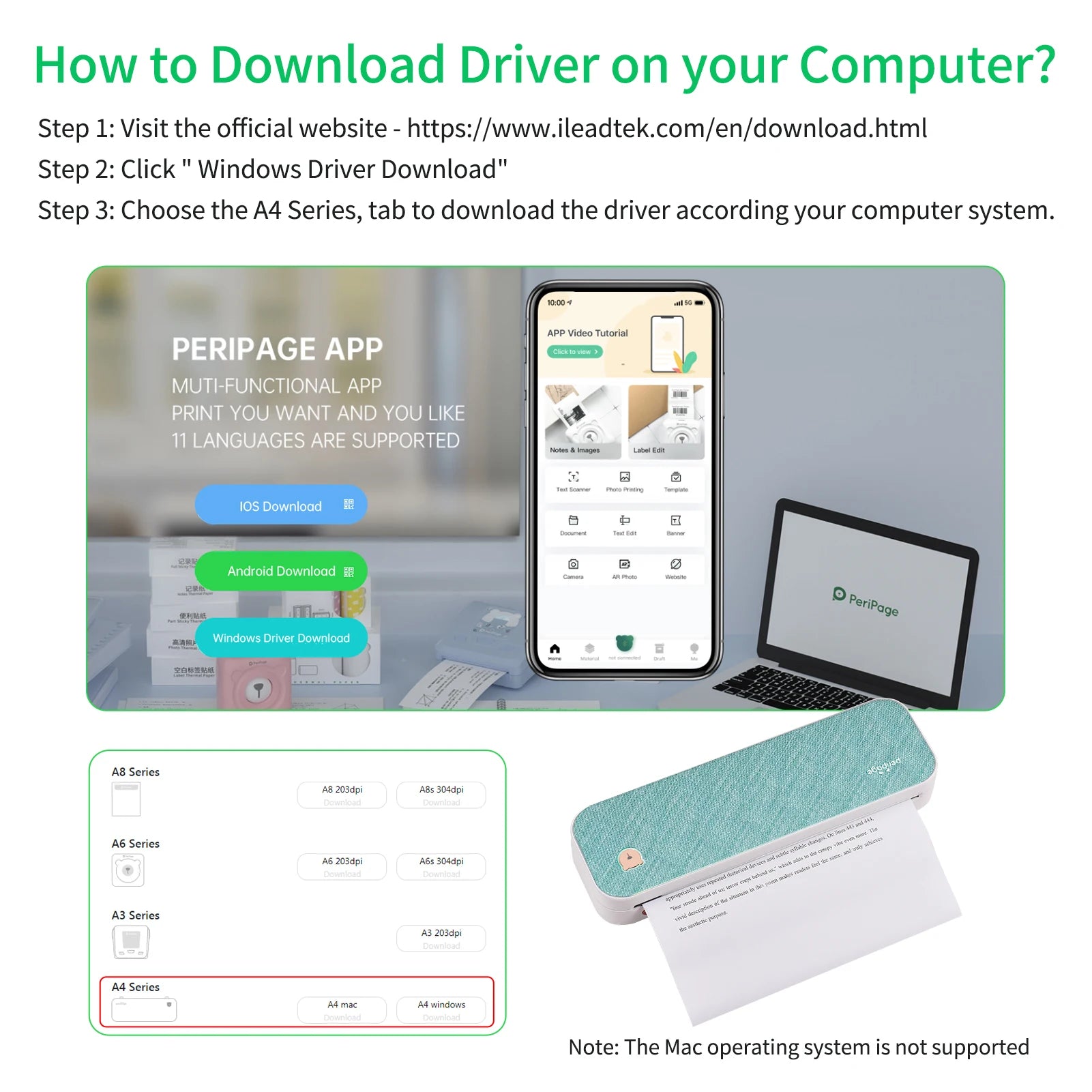 PeriPage A40 A4 Printer Wirless Printer USB Android BT Printing PDF File Webpage Contract Picture with 10 Rolls Thermal Paper - RealmSelect