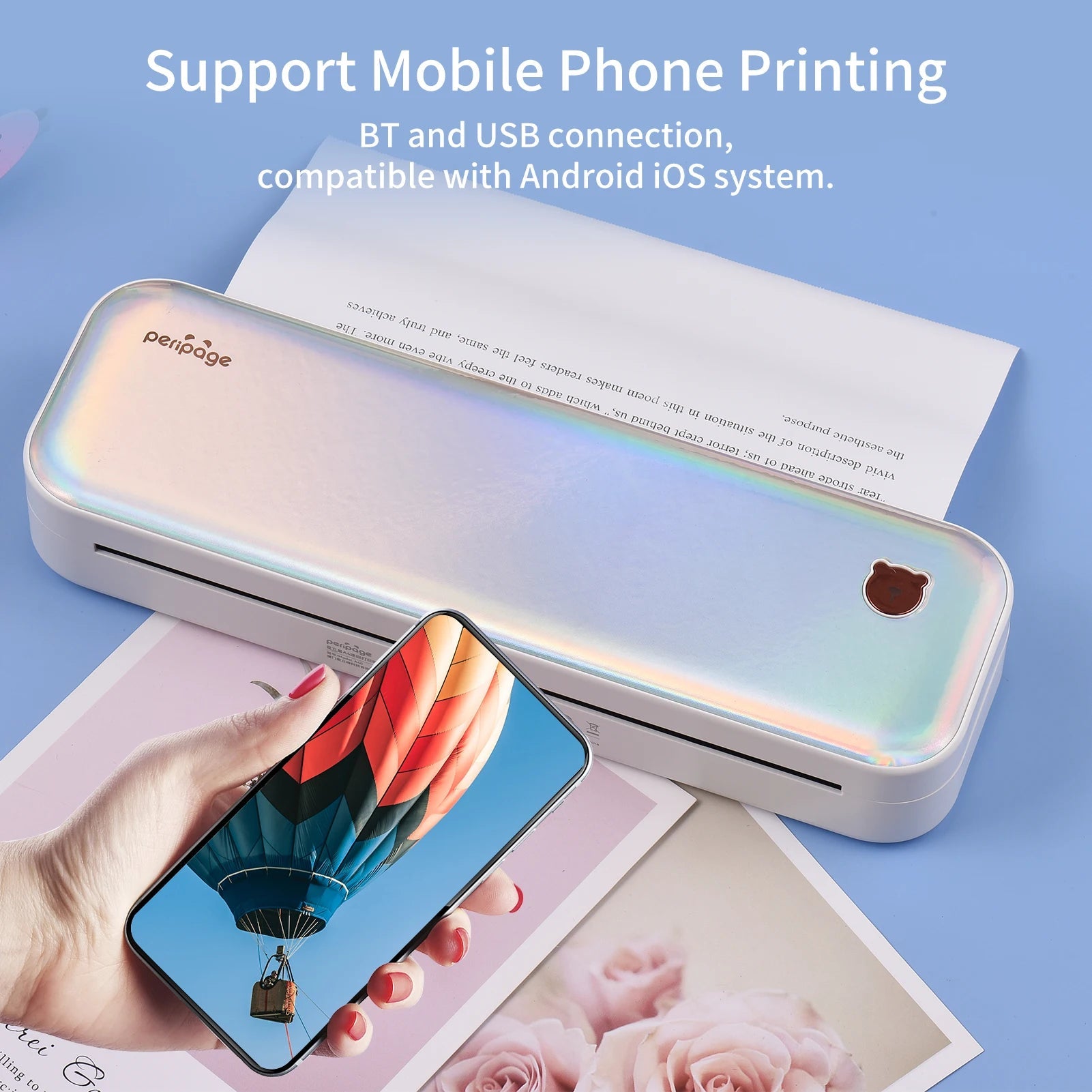 PeriPage A40 A4 Printer Wirless Printer USB Android BT Printing PDF File Webpage Contract Picture with 10 Rolls Thermal Paper - RealmSelect