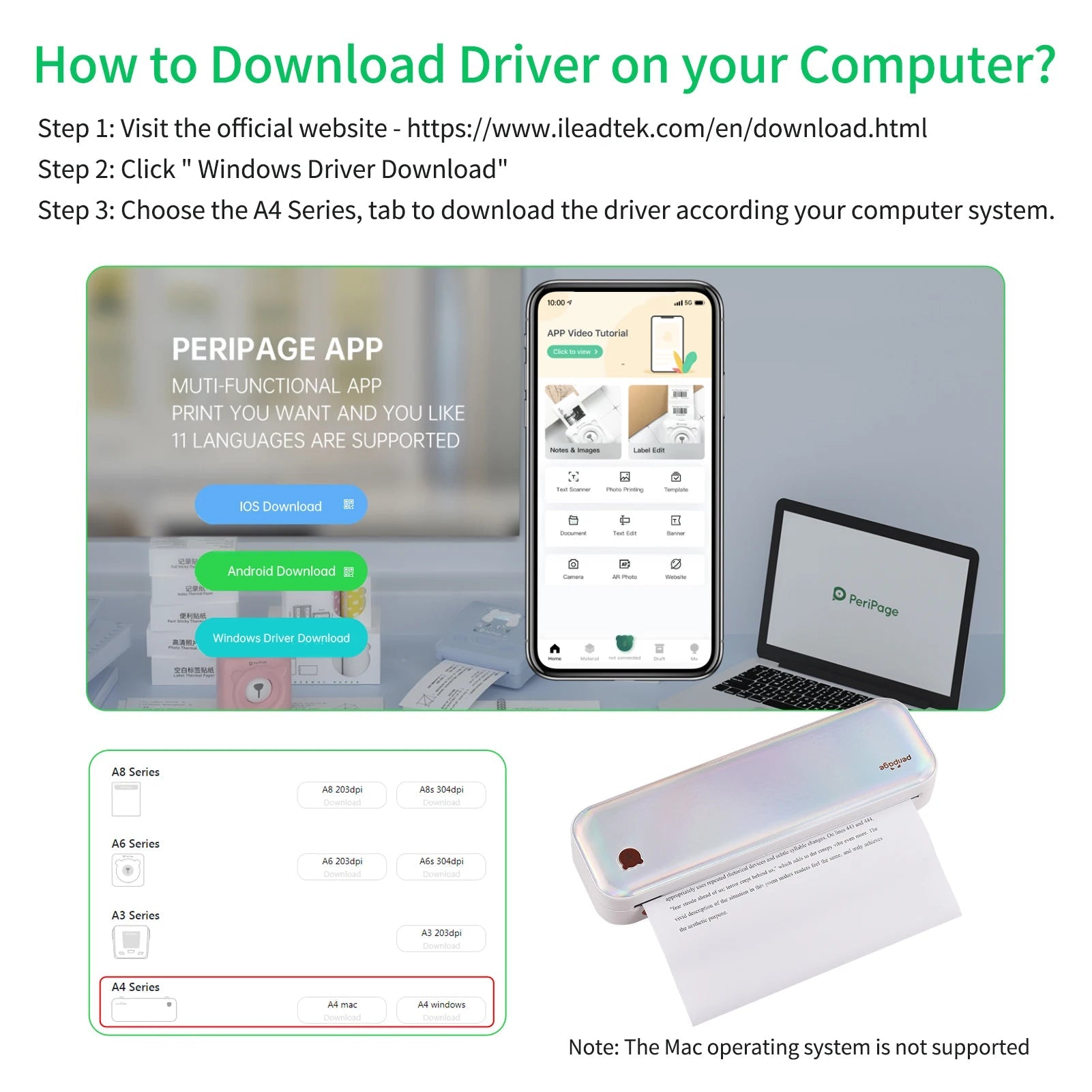 PeriPage A40 A4 Printer Wirless Printer USB Android BT Printing PDF File Webpage Contract Picture with 10 Rolls Thermal Paper - RealmSelect