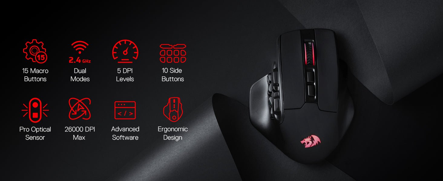 Redragon M811 PRO Wireless MMO Gaming Mouse, 15 Programmable Buttons RGB Gamer Mouse, 10 Side Macro Keys - RealmSelect