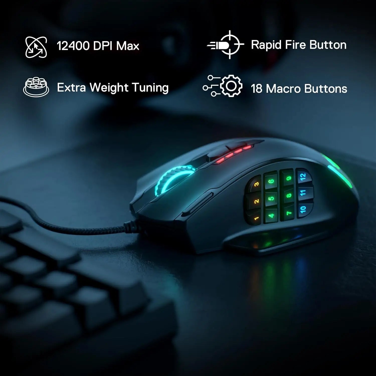 Redragon M908 RGB Backlight LED USB Wired Gaming Mouse 18 Programmable Mouse Buttons 12400 DPI - RealmSelect
