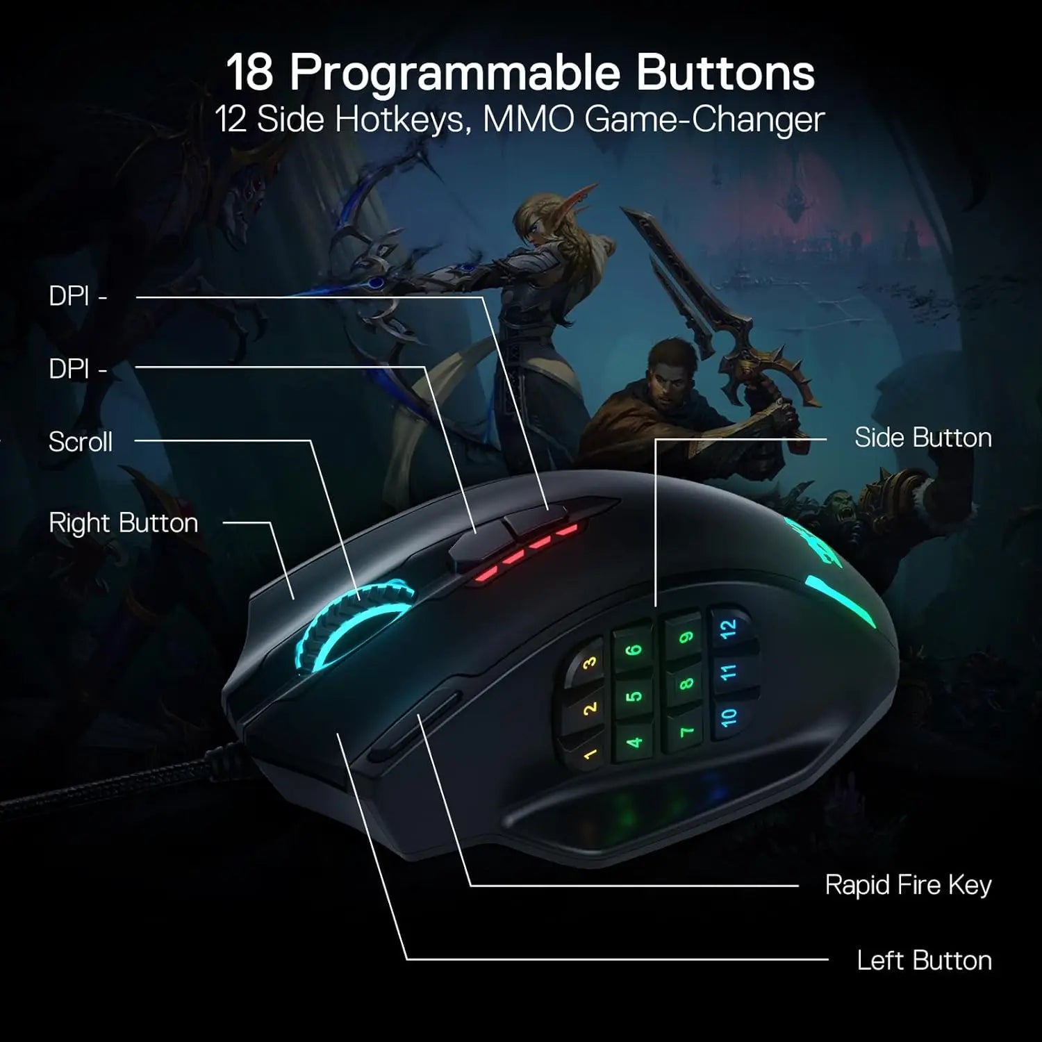 Redragon M908 RGB Backlight LED USB Wired Gaming Mouse 18 Programmable Mouse Buttons 12400 DPI - RealmSelect
