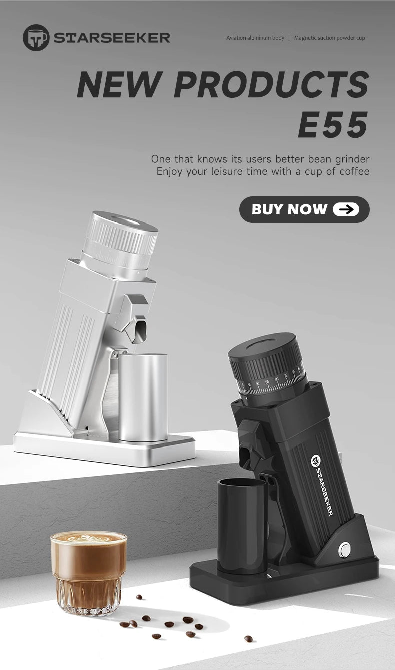 STARSEEKER E55 Electric Coffee Grinder 55MM Espresso Cone burr Stepless Fineness Adjustment Cold Brew Bean Grinder Black Sliver - RealmSelect