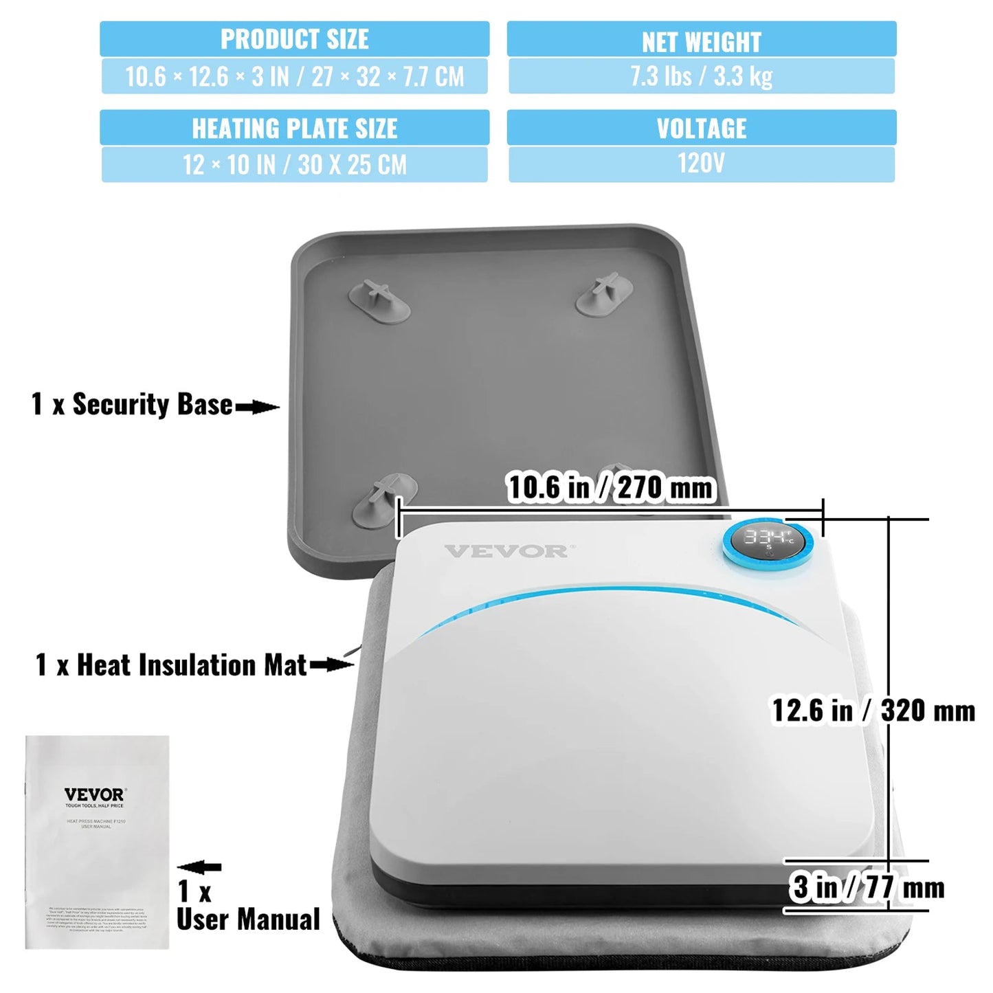 VEVOR 9x9/12x10 in Portable Heat Press Machine DIY Shirt Printing Multifunctional Sublimation Transfer for HTV Vinyl T-shirt Bag - RealmSelect