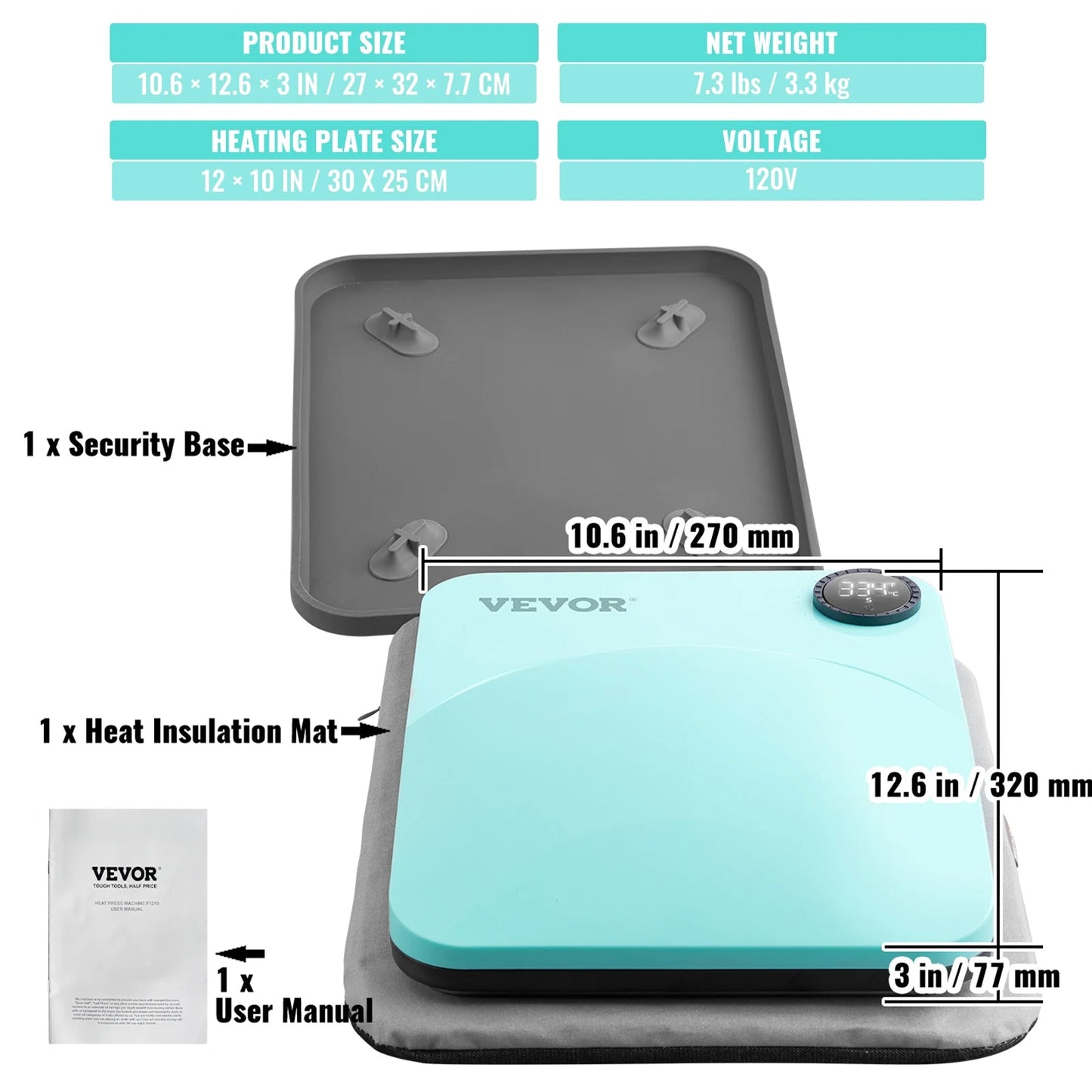 VEVOR 9x9/12x10 in Portable Heat Press Machine DIY Shirt Printing Multifunctional Sublimation Transfer for HTV Vinyl T-shirt Bag - RealmSelect