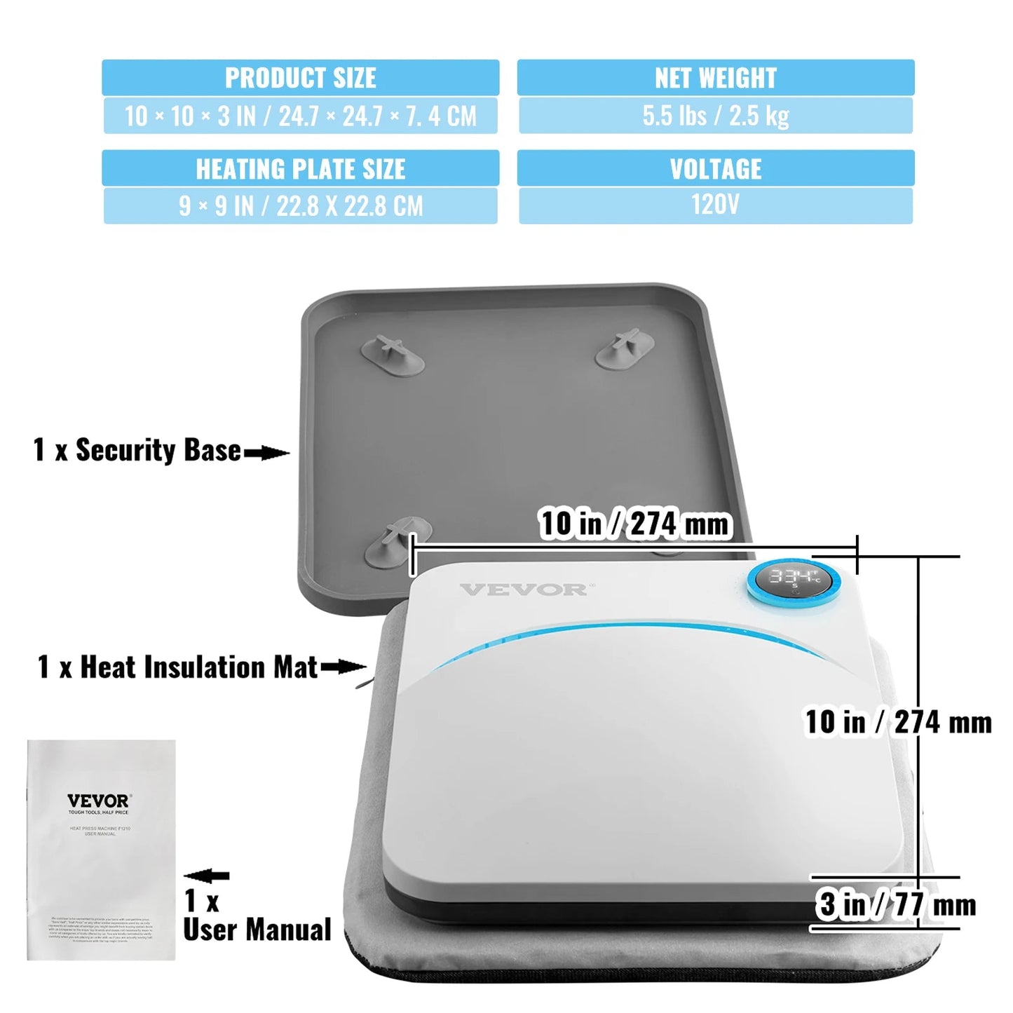 VEVOR 9x9/12x10 in Portable Heat Press Machine DIY Shirt Printing Multifunctional Sublimation Transfer for HTV Vinyl T-shirt Bag - RealmSelect