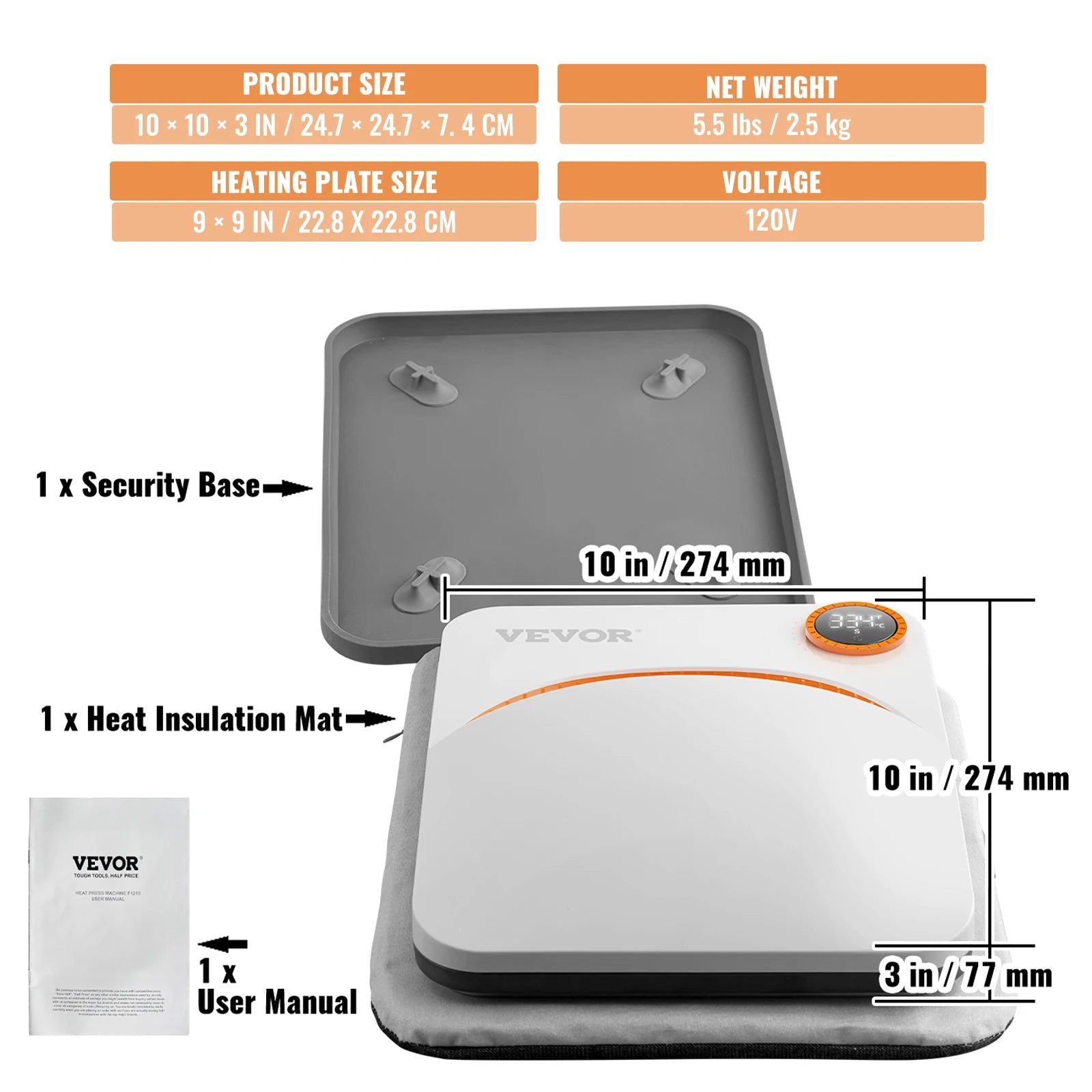 VEVOR 9x9/12x10 in Portable Heat Press Machine DIY Shirt Printing Multifunctional Sublimation Transfer for HTV Vinyl T-shirt Bag - RealmSelect