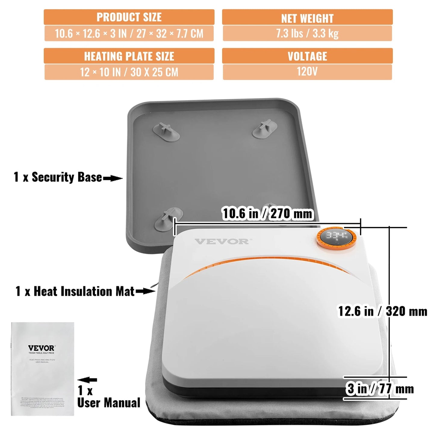 VEVOR 9x9/12x10 in Portable Heat Press Machine DIY Shirt Printing Multifunctional Sublimation Transfer for HTV Vinyl T-shirt Bag - RealmSelect