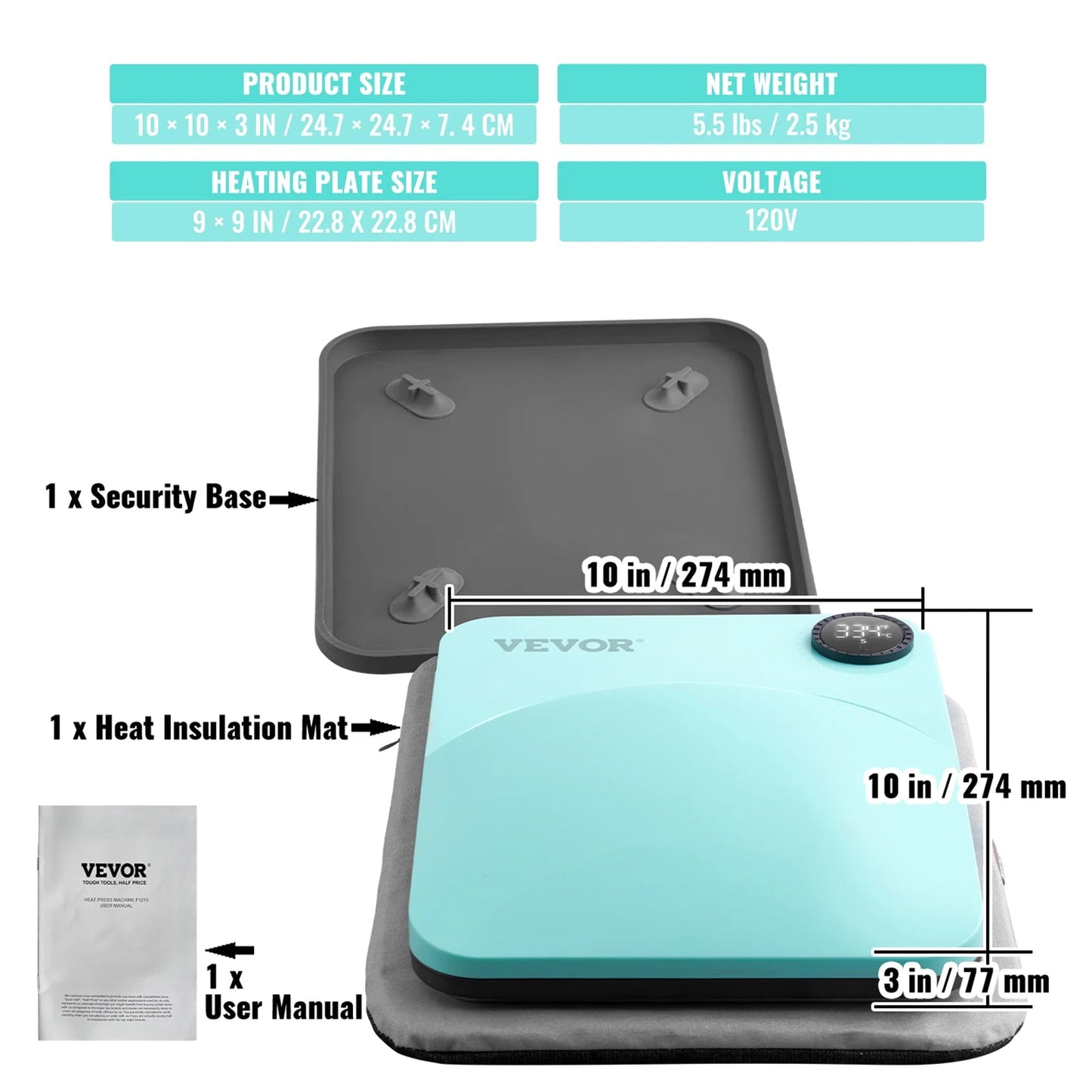 VEVOR 9x9/12x10 in Portable Heat Press Machine DIY Shirt Printing Multifunctional Sublimation Transfer for HTV Vinyl T-shirt Bag - RealmSelect